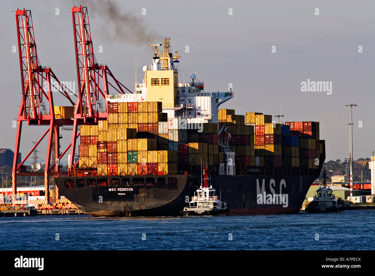 Shipping Industry / A container ship docking with tugboats in