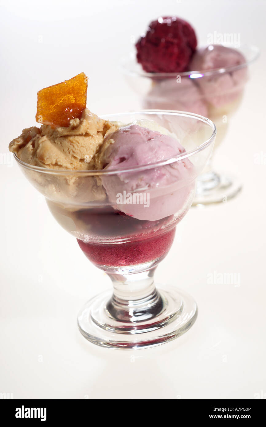 Traditional Ice cream selection in glass against white background Stock Photo