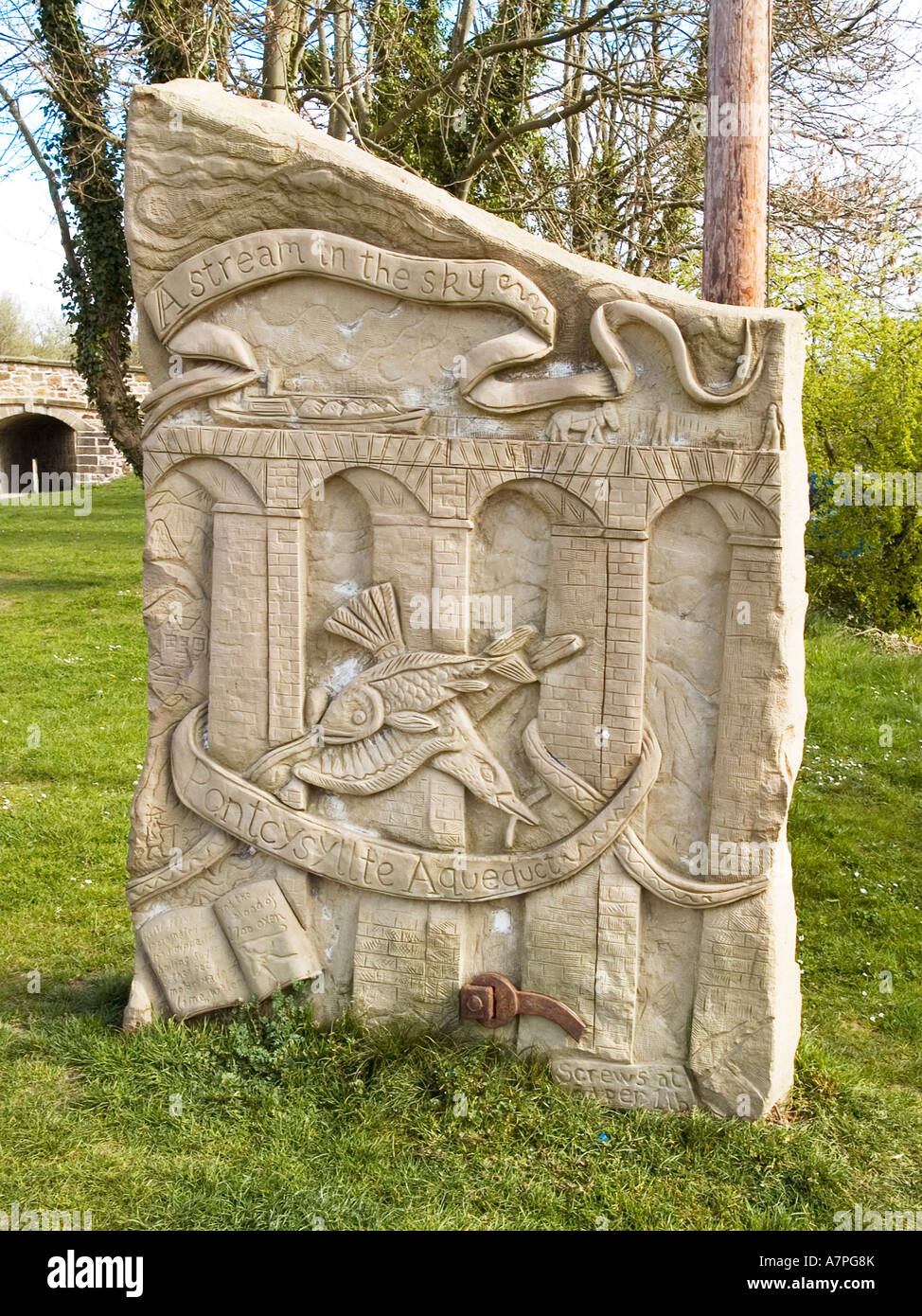 Bas relief statuary depicting the Pontcysyllte aqueduct at Trevor Denbighshire Wales Stock Photo