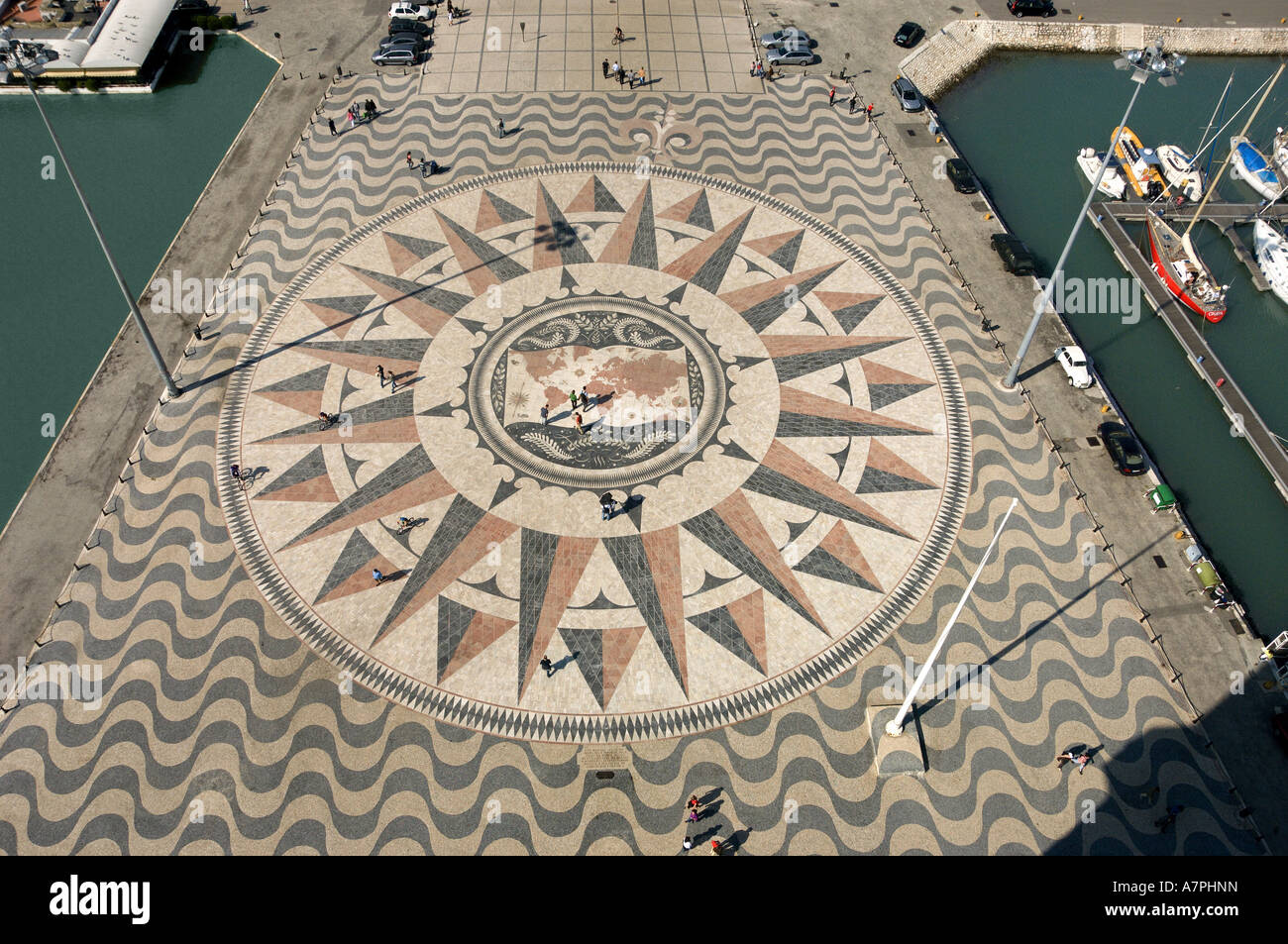 Portugal, Lisbon, Belem; view from top of the monument to the discoveries of the compass and world map on the pavement Stock Photo