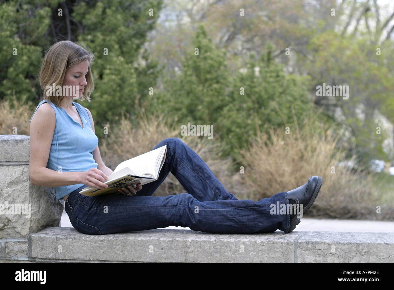 Female student sitting on a rock wall studying Stock Photo - Alamy