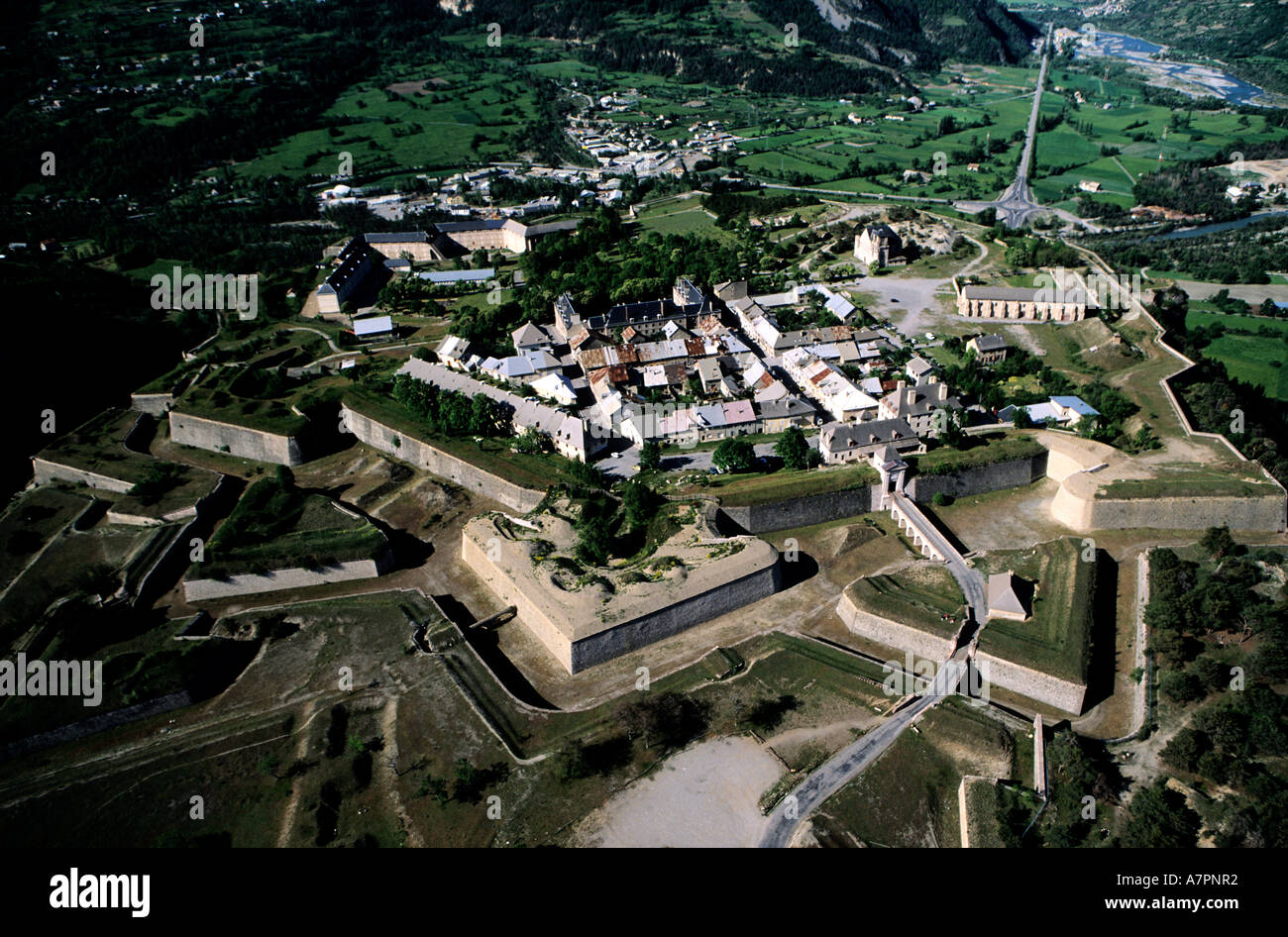 France, Hautes Alpes, Mount Dauphin village, Vauban fortification (aerial view) Stock Photo