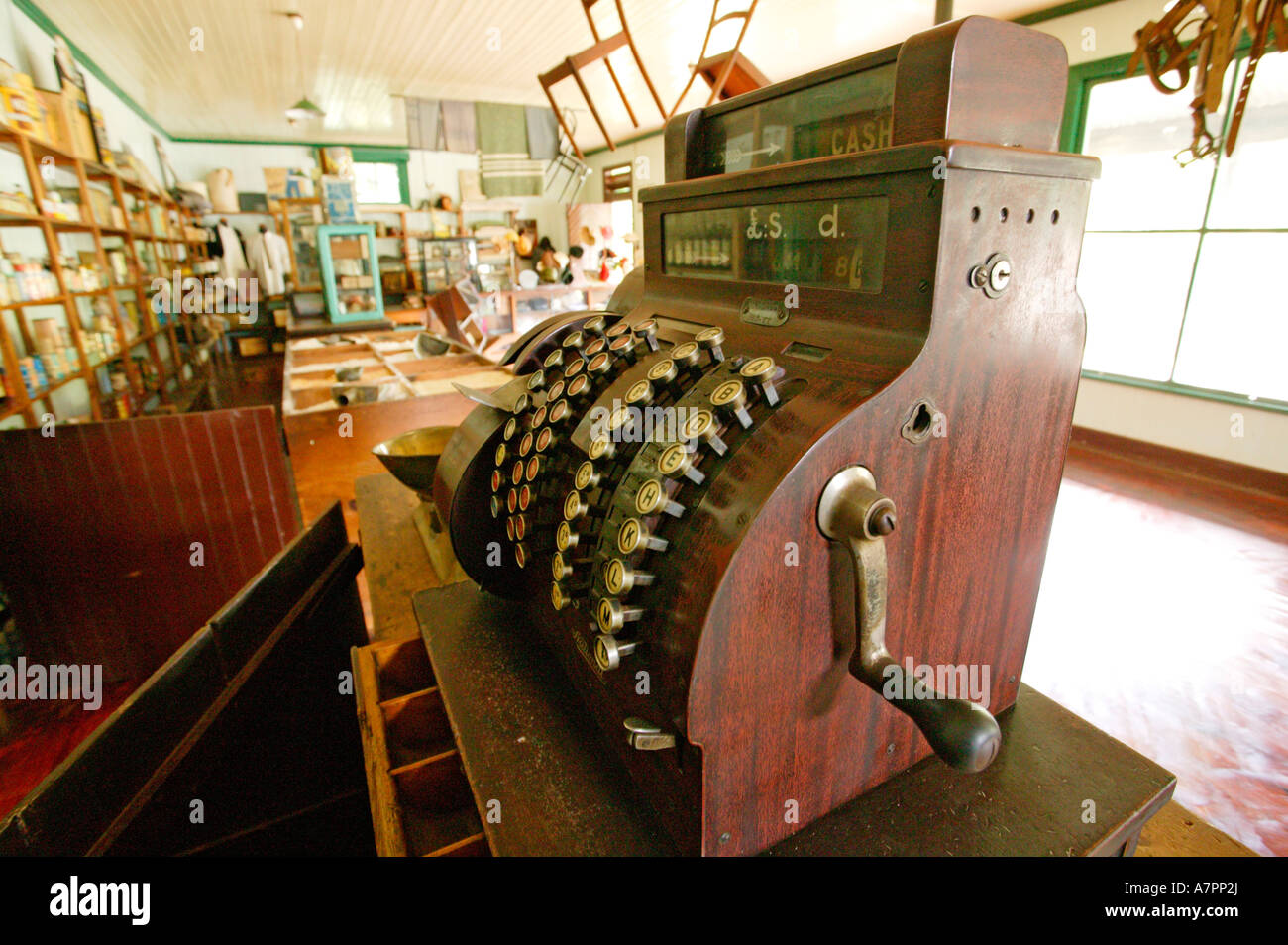 The interior of the Dredzen general dealer store in Pilgrims Rest showing the till. Typical 1930 - 1950 Stock Photo