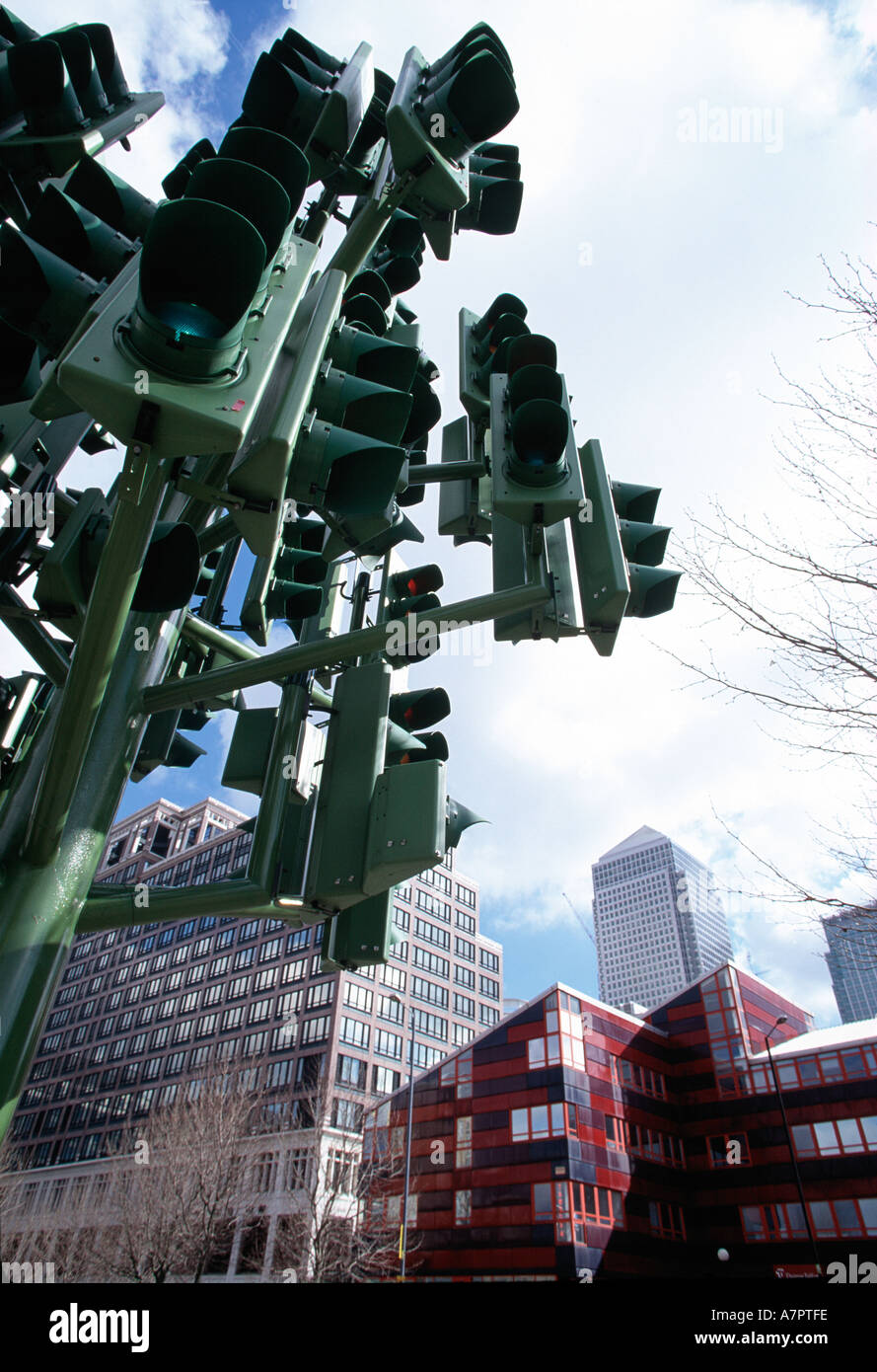 Low angle view of the traffic light sculpture at Canary Wharf London ...