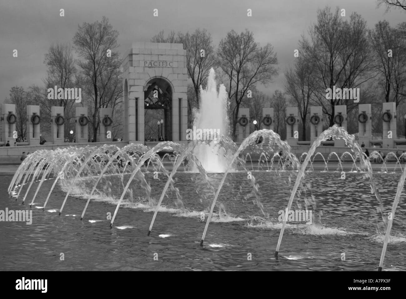 Black and White Photo of the World War II Memorial in Washington DC USA Stock Photo
