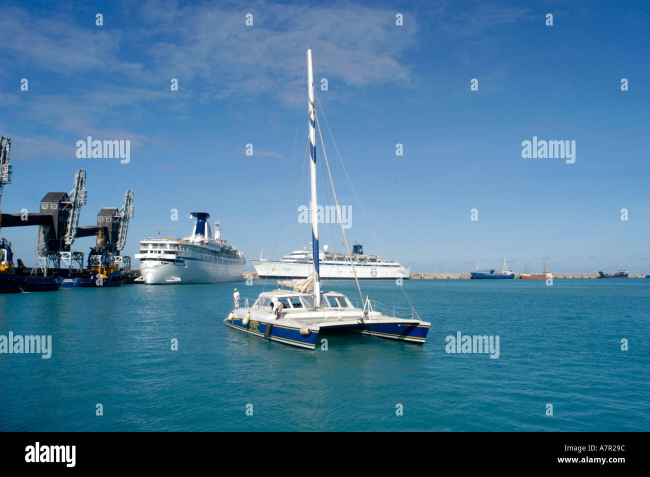private Catamaran in port in Barbados in Caribbean with large tourist cruise ships in background Stock Photo