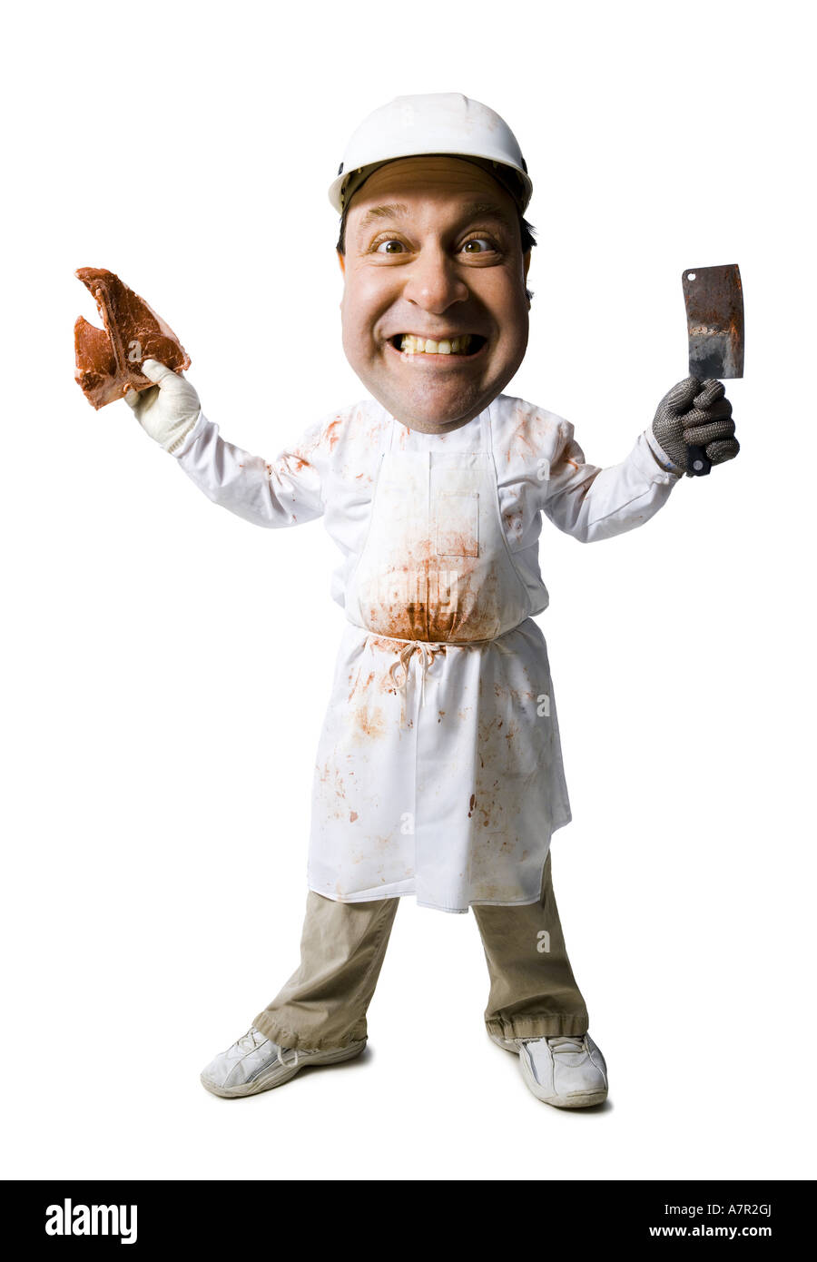 Caricature of butcher standing with knife and steak smiling Stock Photo