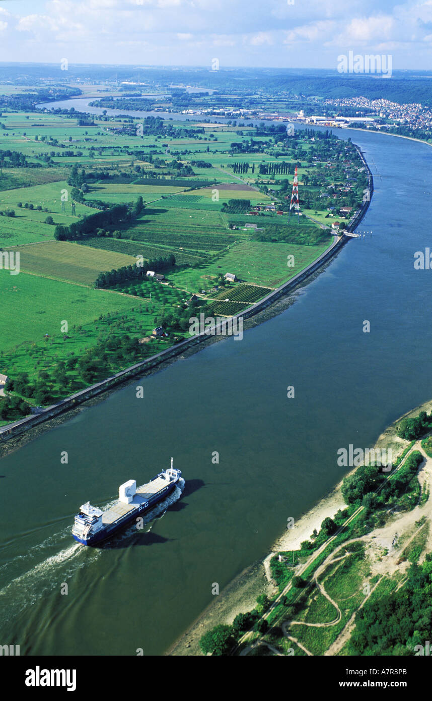 France, Seine Maritime, cargo liner going down the Seine towards Brotonne (aerial view) Stock Photo