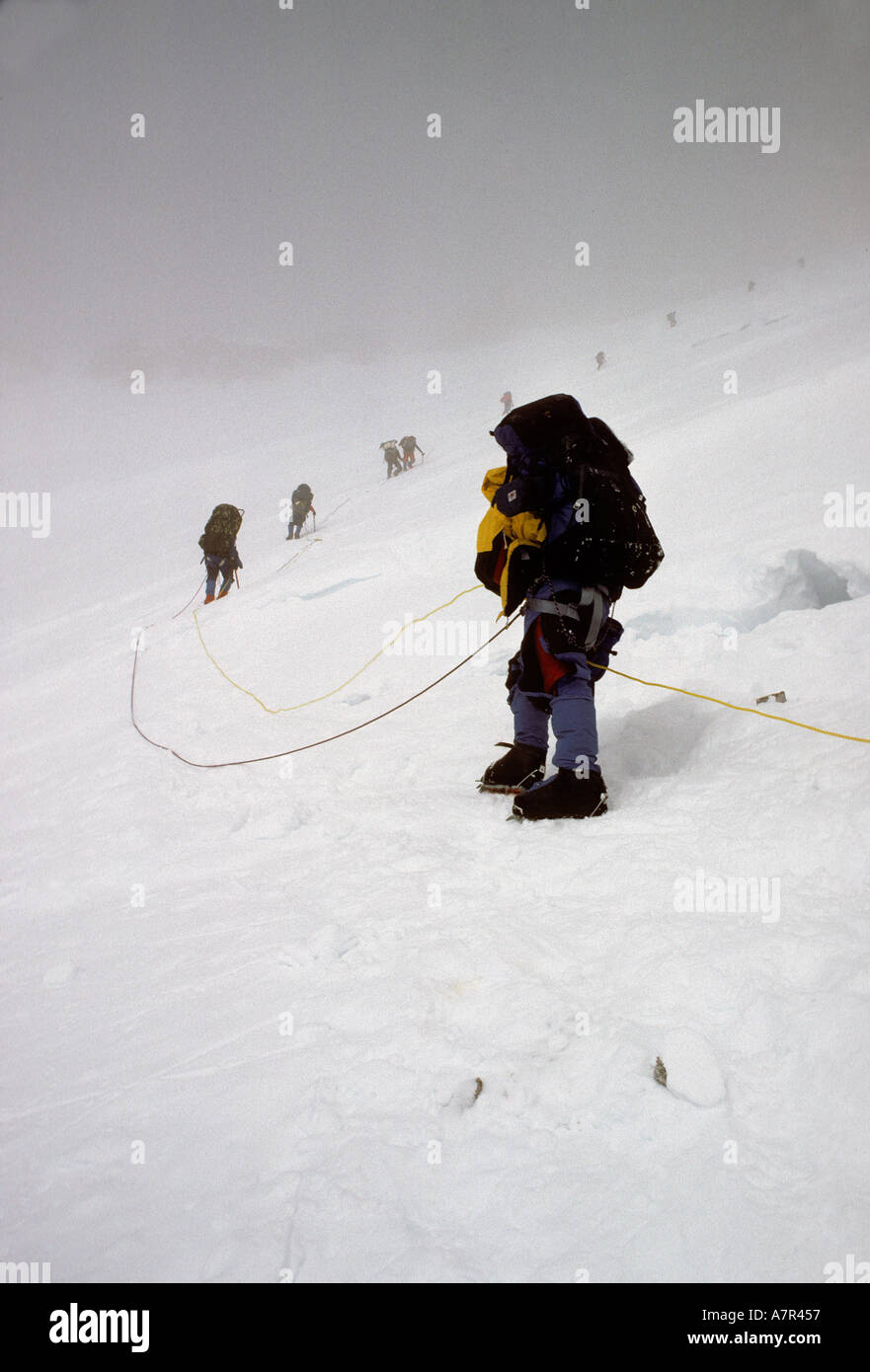 alaska, roped climbers ascend slope at 4700m on denali aka mt mckinley ...
