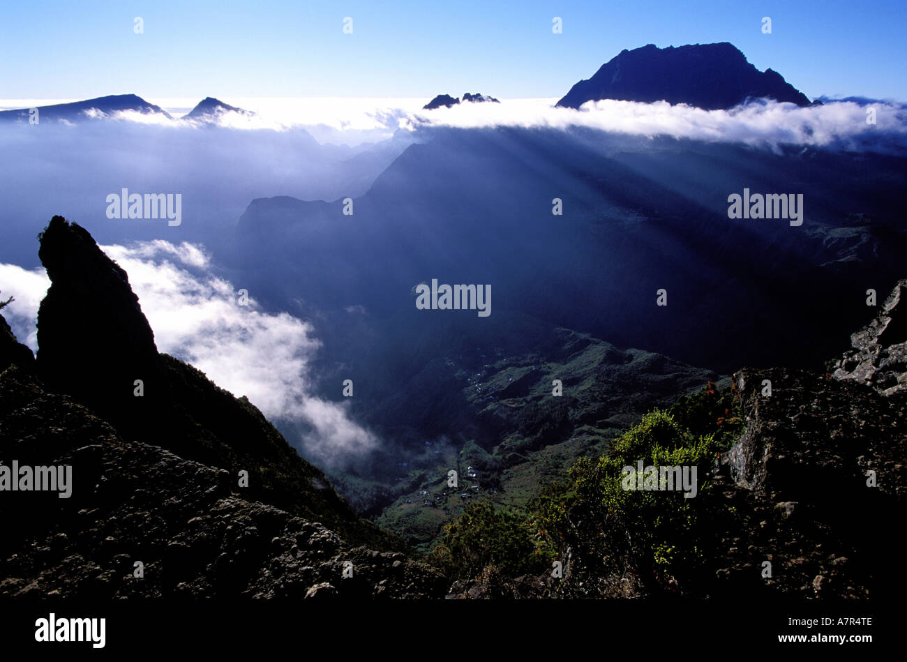 French overseas department, Reunion island, Cirque de Mafate, la Nouvelle islet and Piton des Neiges mountain Stock Photo