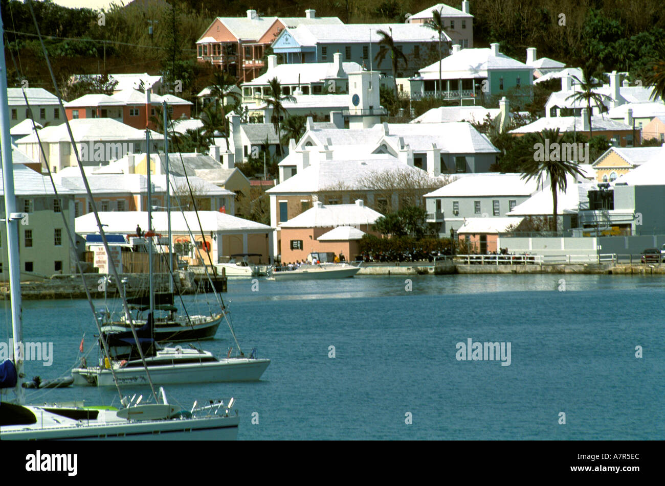 Sailboats and white roof houses St Bermuda Stock Photo Alamy
