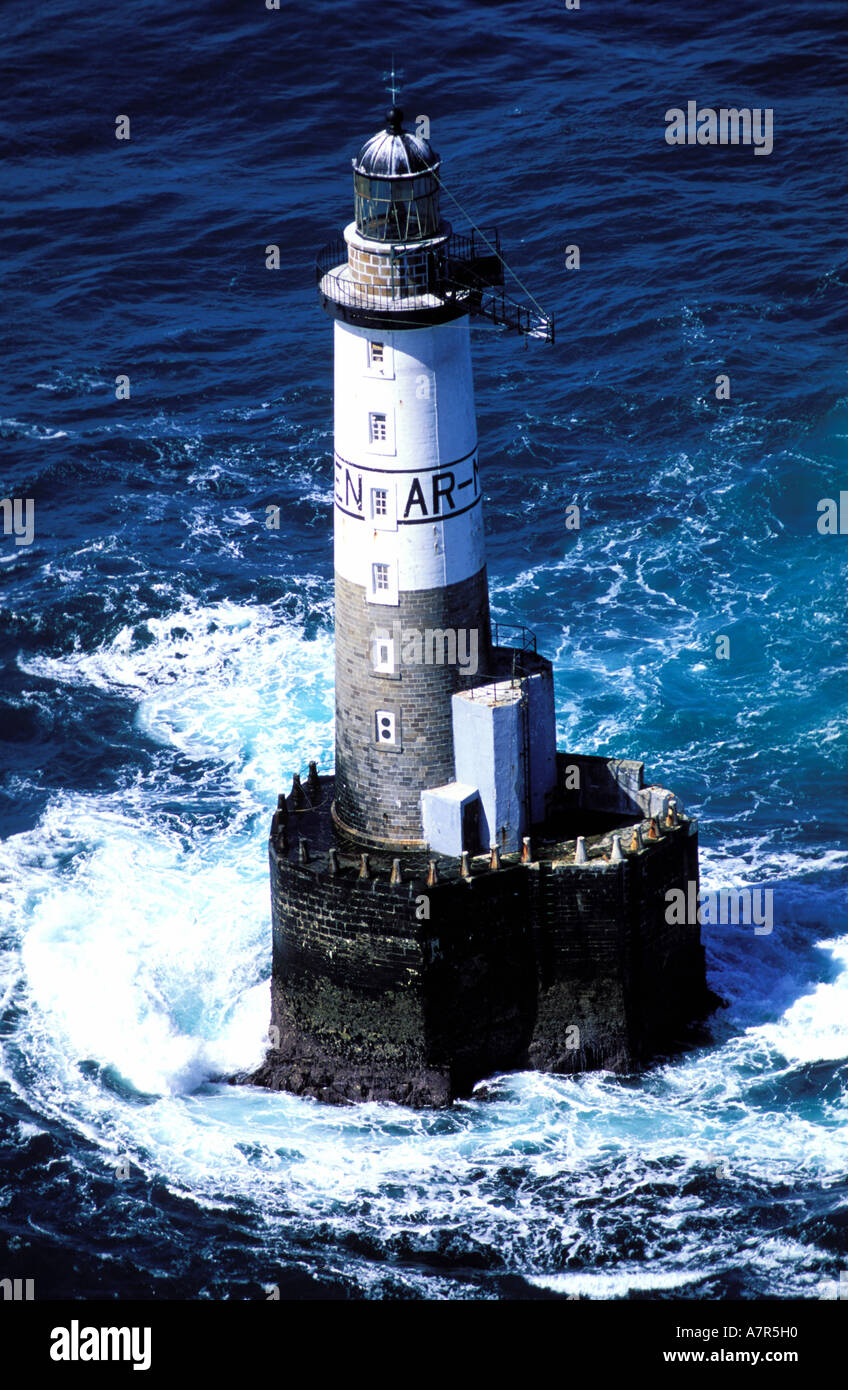 France, Finistere, Ar Men lighthouse, off Sein island (aerial view) Stock Photo
