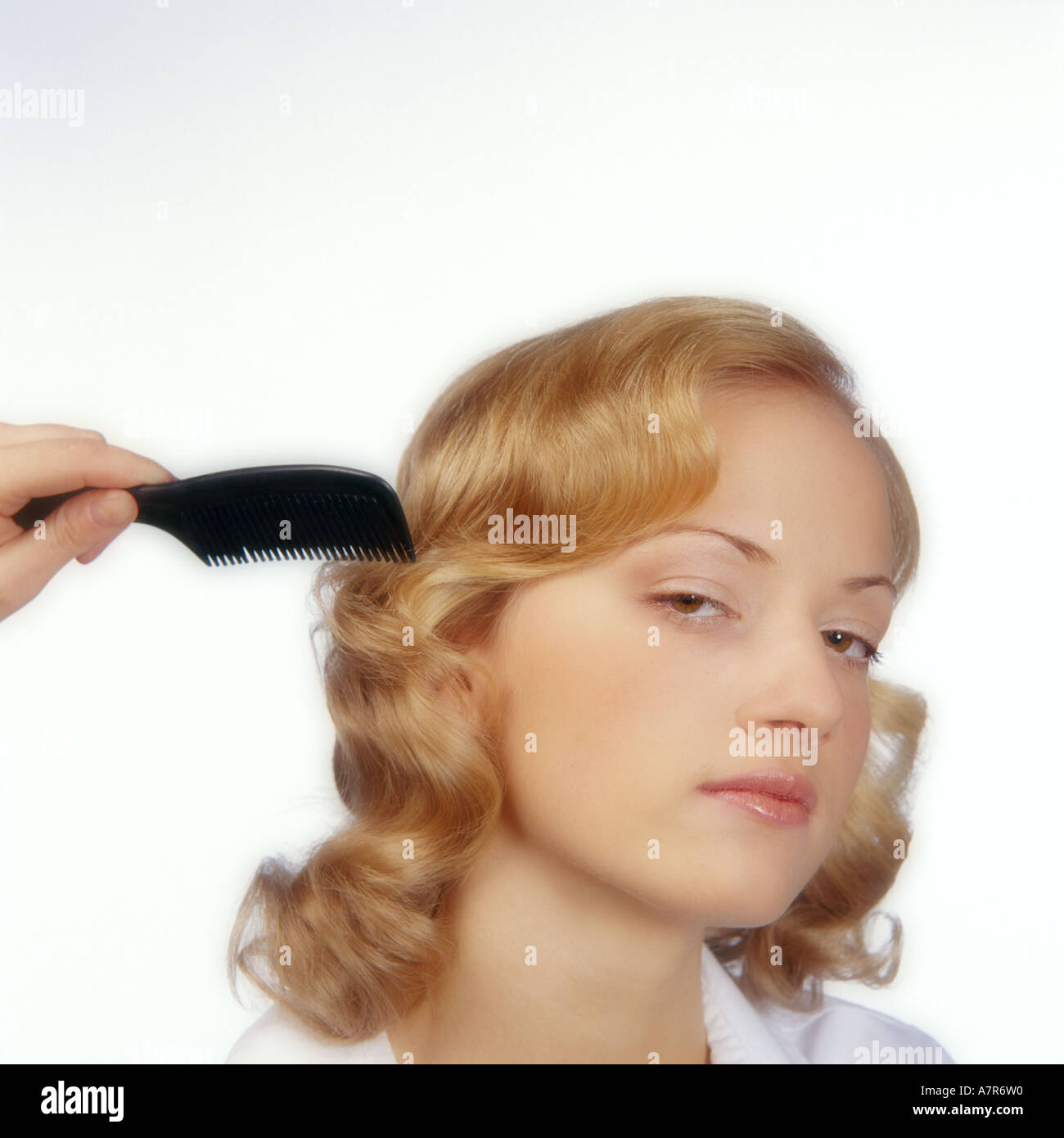 Indoors Studio Woman Young Girl 20 25 Blonde Long Hair Curly Curl