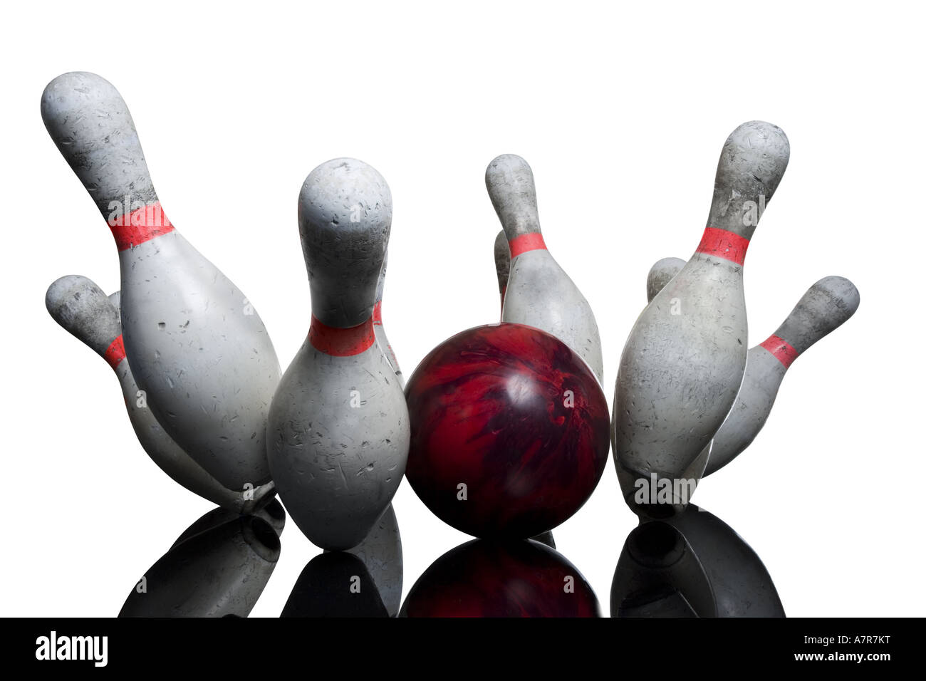 Bowling ball striking pins Stock Photo Alamy