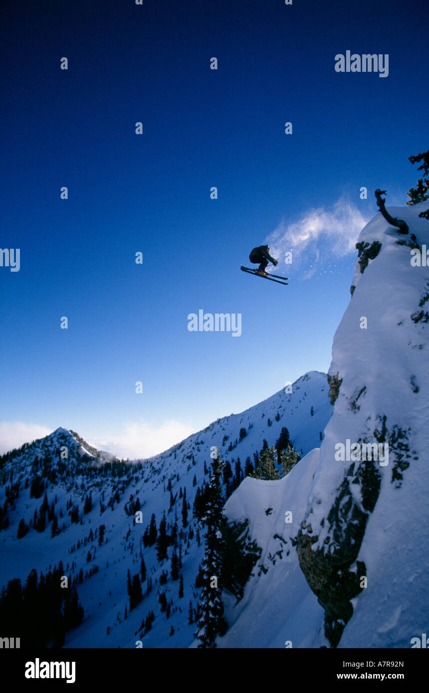 Downhill ski jumper in air Stock Photo Alamy