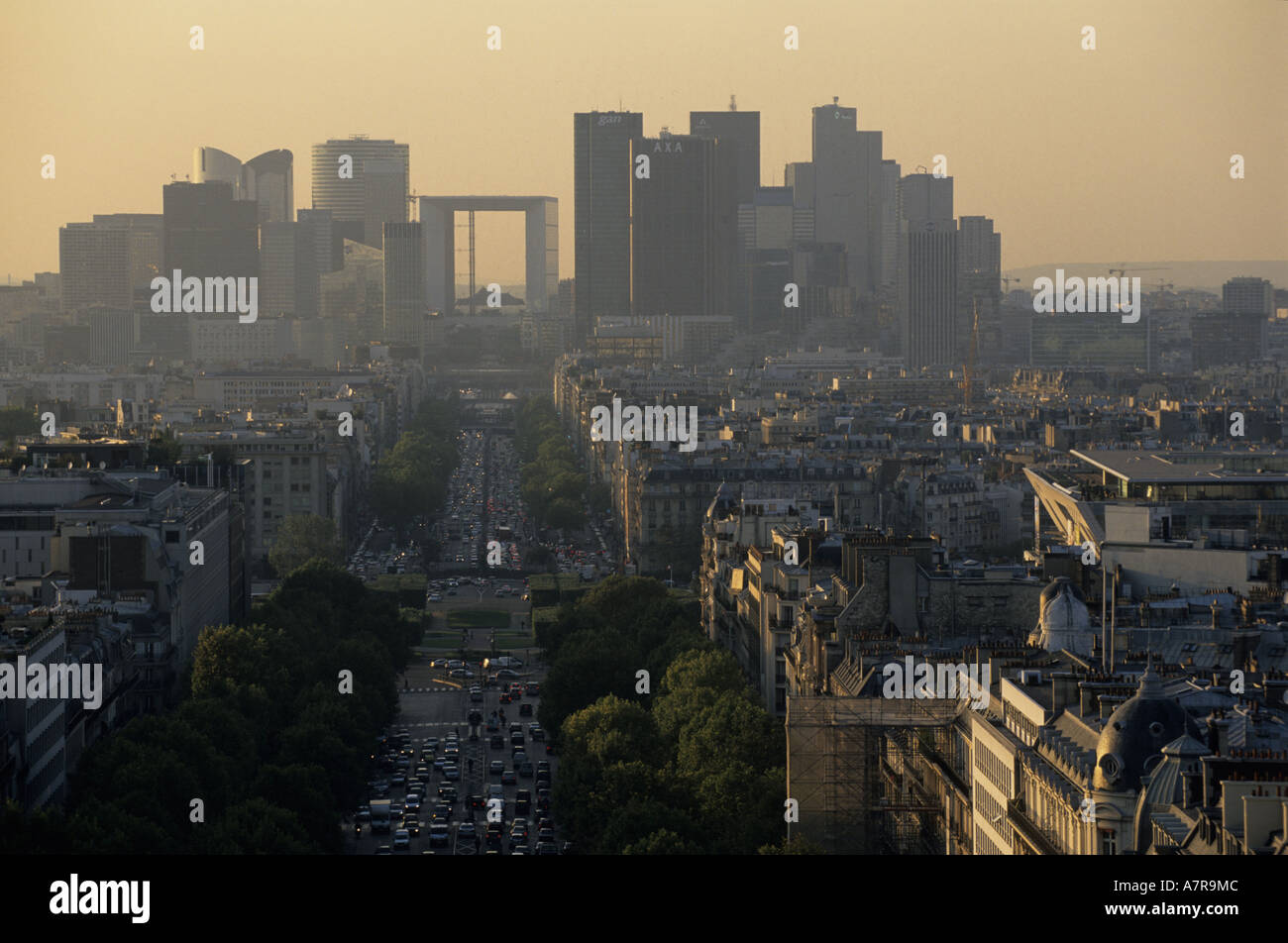 France, Paris, Grande Arche of La Defense and the Grande Armee Avenue Stock Photo