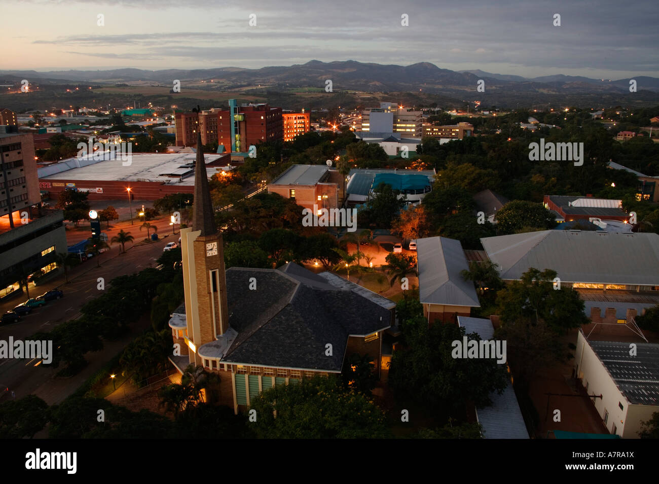 A church tower in the centre of Nelspruit downtown area at dusk Nelspruit Mpumalanga South Africa Stock Photo
