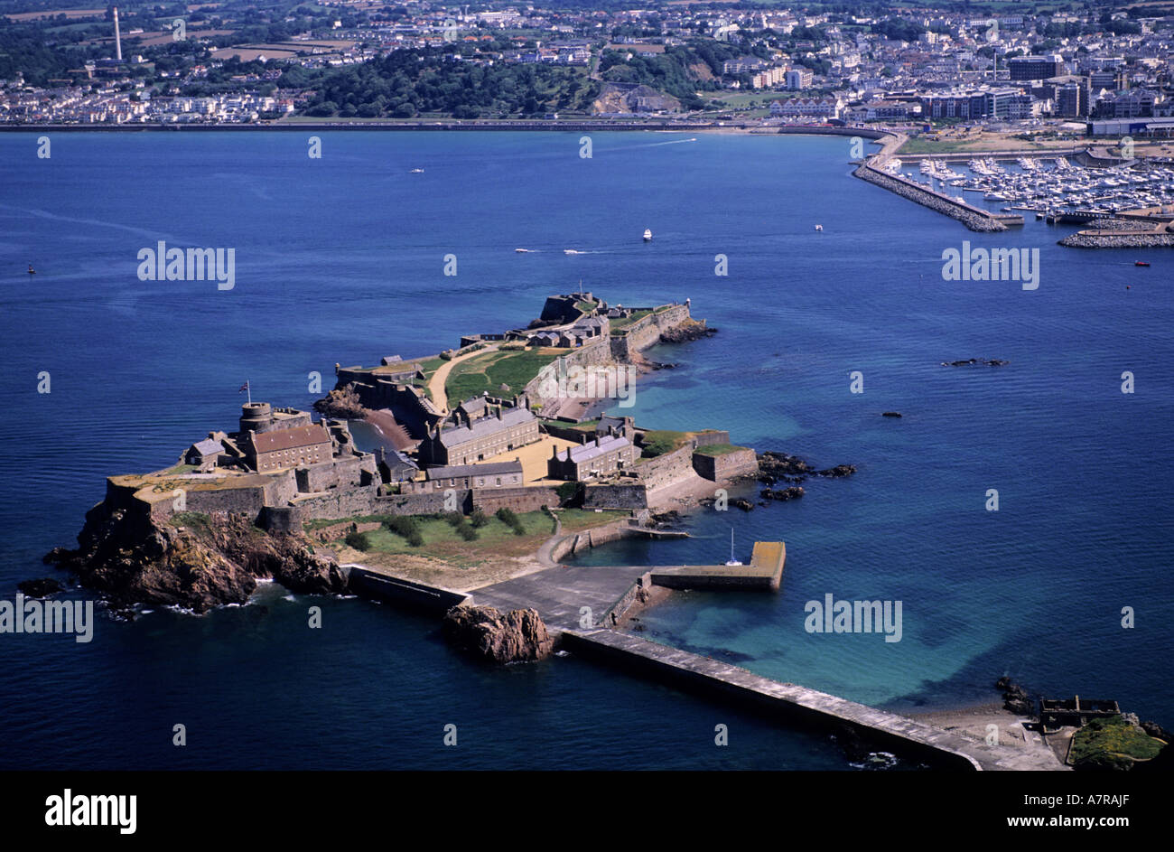 United Kingdom, Channel Islands, Jersey island, Elisabeth Castle in front  of St Helier (aerial view Stock Photo - Alamy