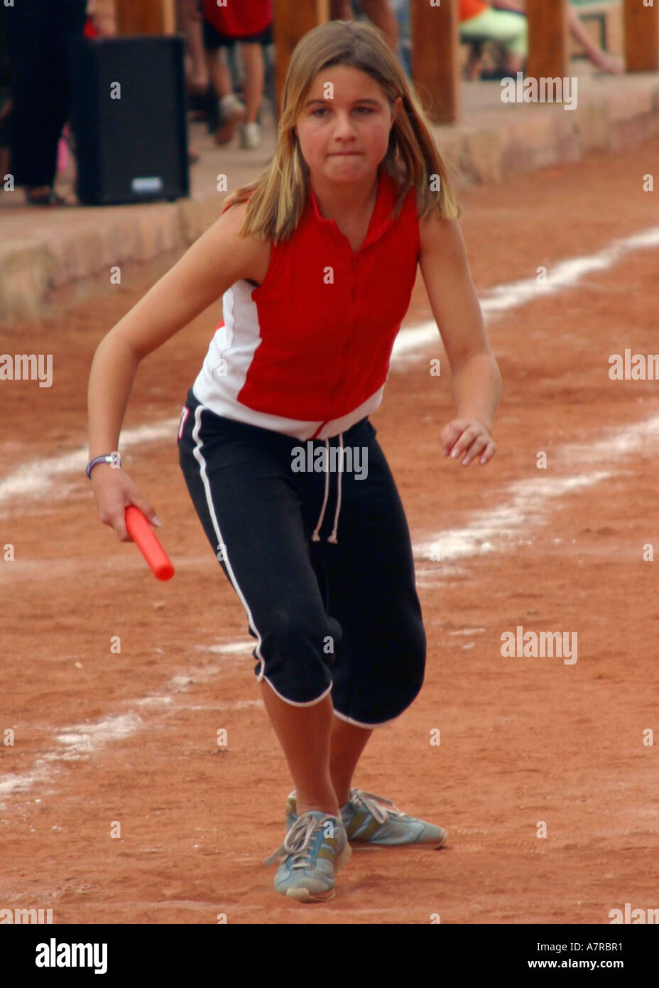 school girl running on sports day Stock Photo Alamy