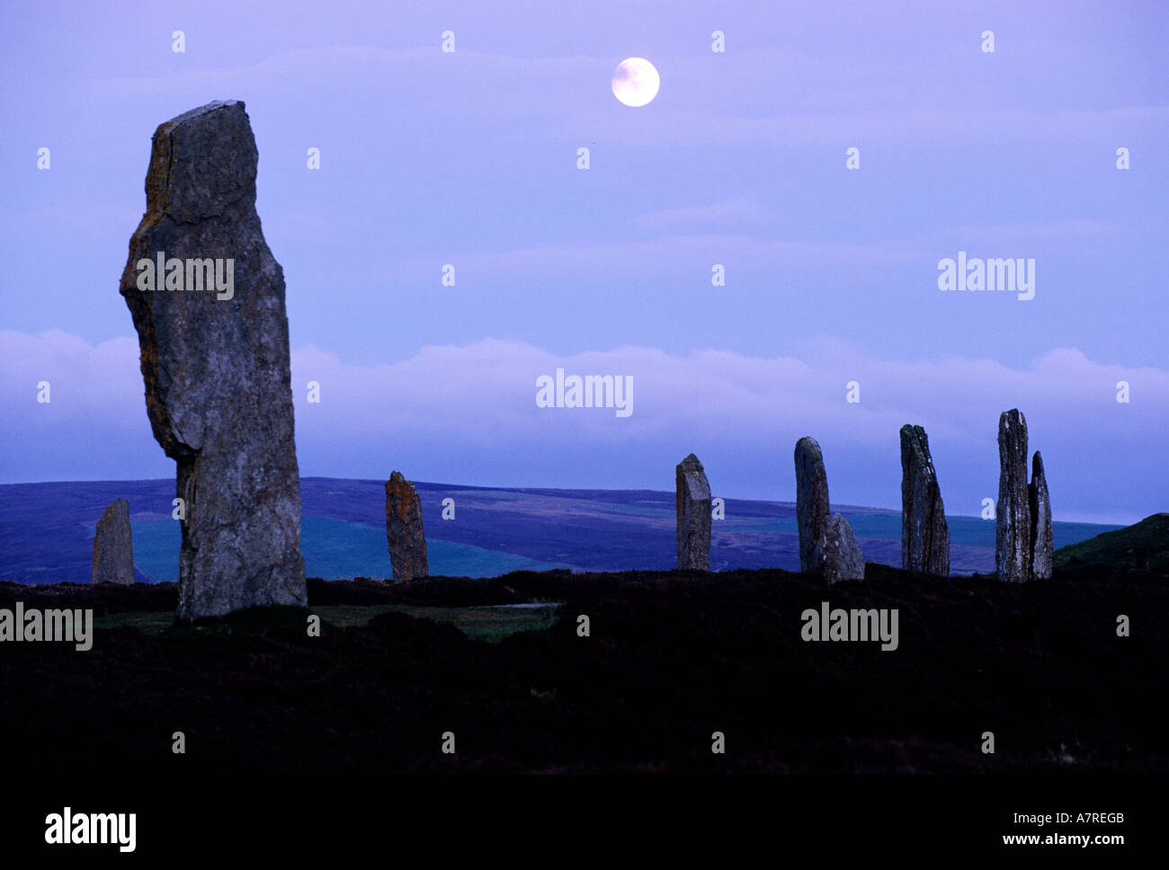 United Kingdom, Scotland, Orkney Islands, Mainland, standing stones of the Ring of Brogar close to the Loch of Stenness Stock Photo