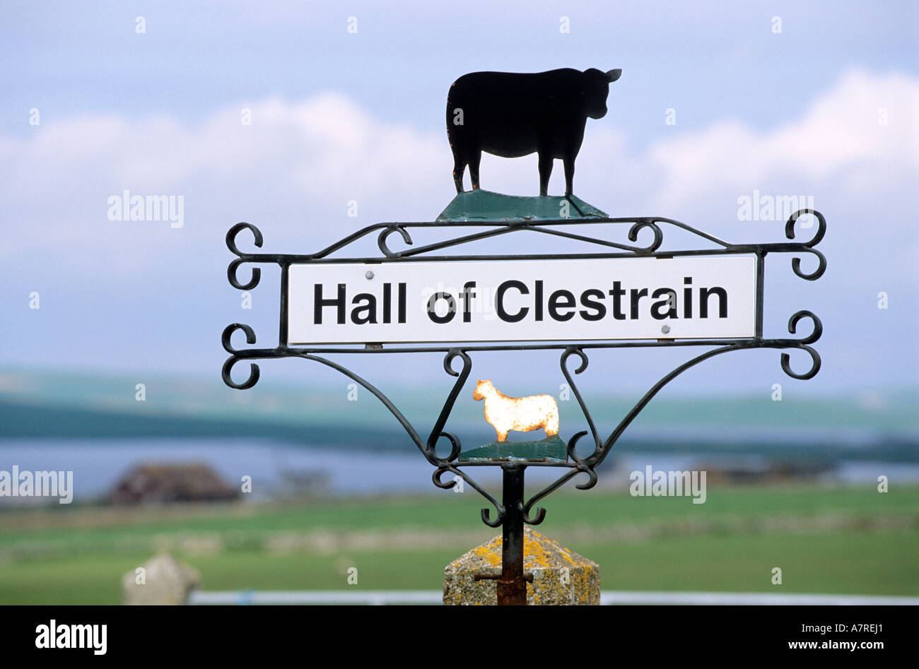 United Kingdom, Scotland, Orkney Islands, Mainland, Clestrain farm sign Stock Photo