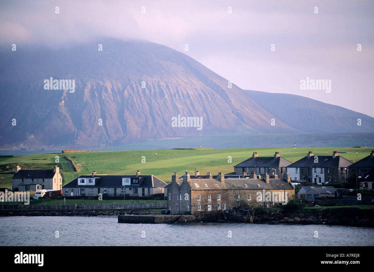 United Kingdom, Scotland, Orkney Islands, town of Stromness on Mainland and the island of Hoy in the back Stock Photo