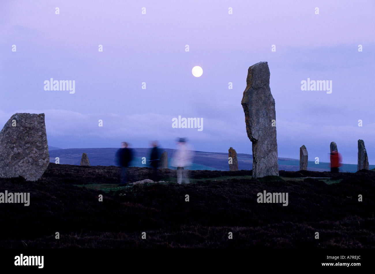 United Kingdom, Scotland, Orkney Islands, Mainland, beside the Loch of Stenness, standing stones from the Ring of Brogar Stock Photo