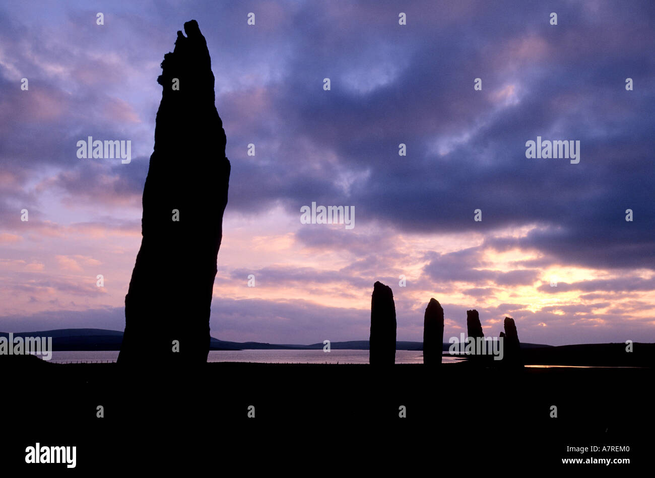 United Kingdom, Scotland, Orkney Islands, Mainland, beside the Loch of Stenness, standing stones from the Ring of Brogar Stock Photo