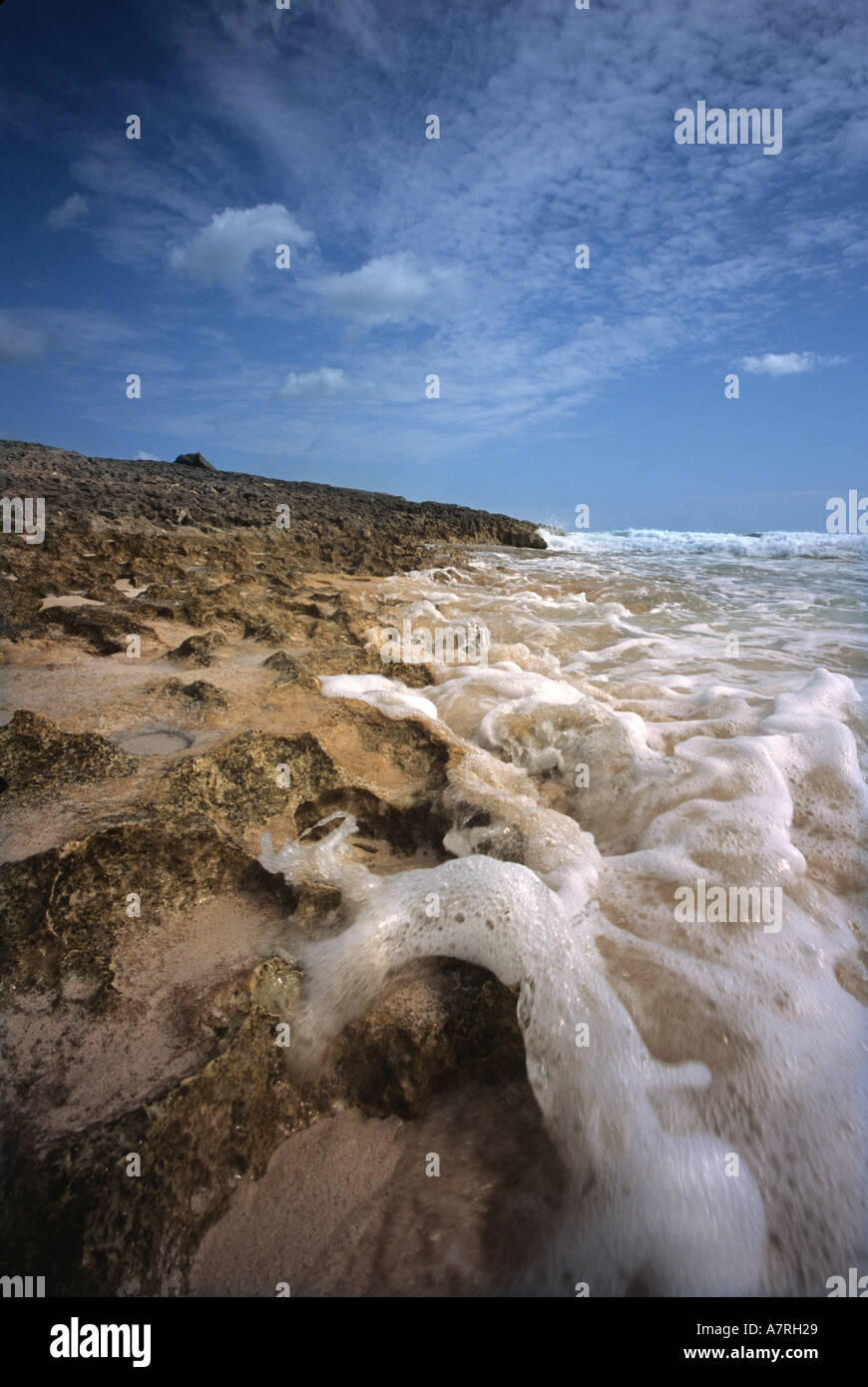 Beach with waves crashing on rocks Cozumel Mexico extremely low angle worms eye view Stock Photo