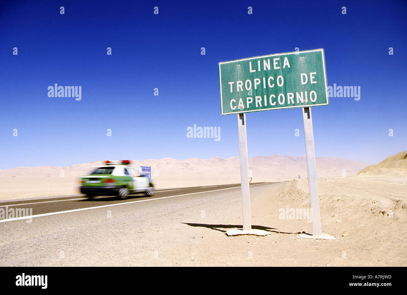 Chile, Antofagasta region, roadsign indicating the Tropic of Capricorn line passage Stock Photo