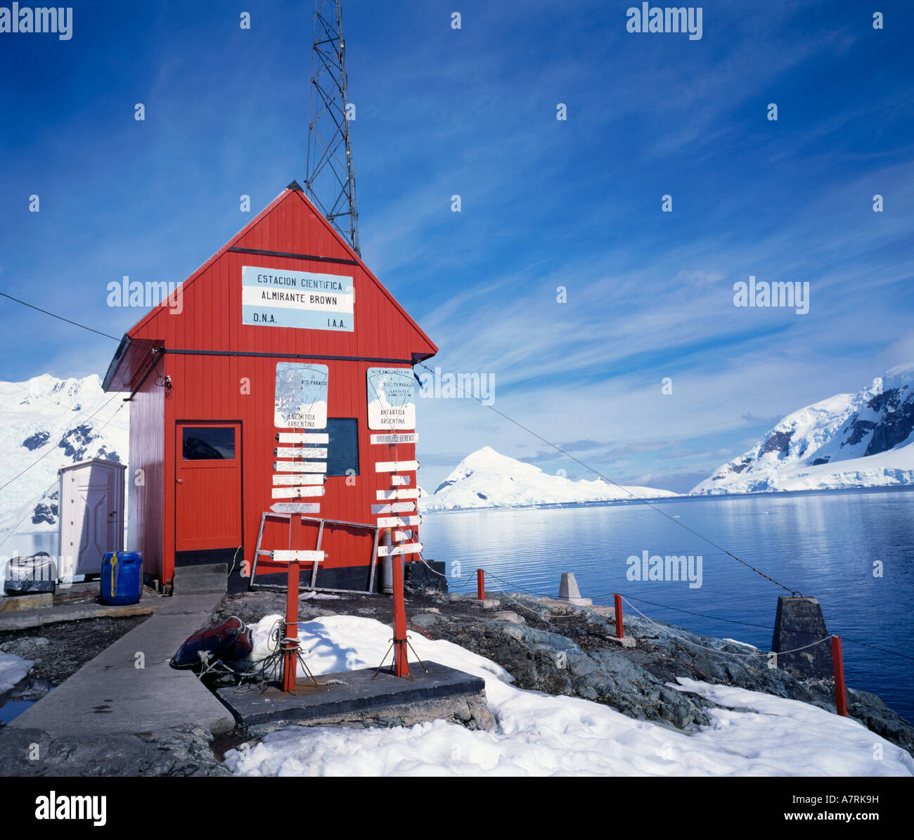 Analysis station along seaside, Paradise Bay, Antarctica Stock Photo
