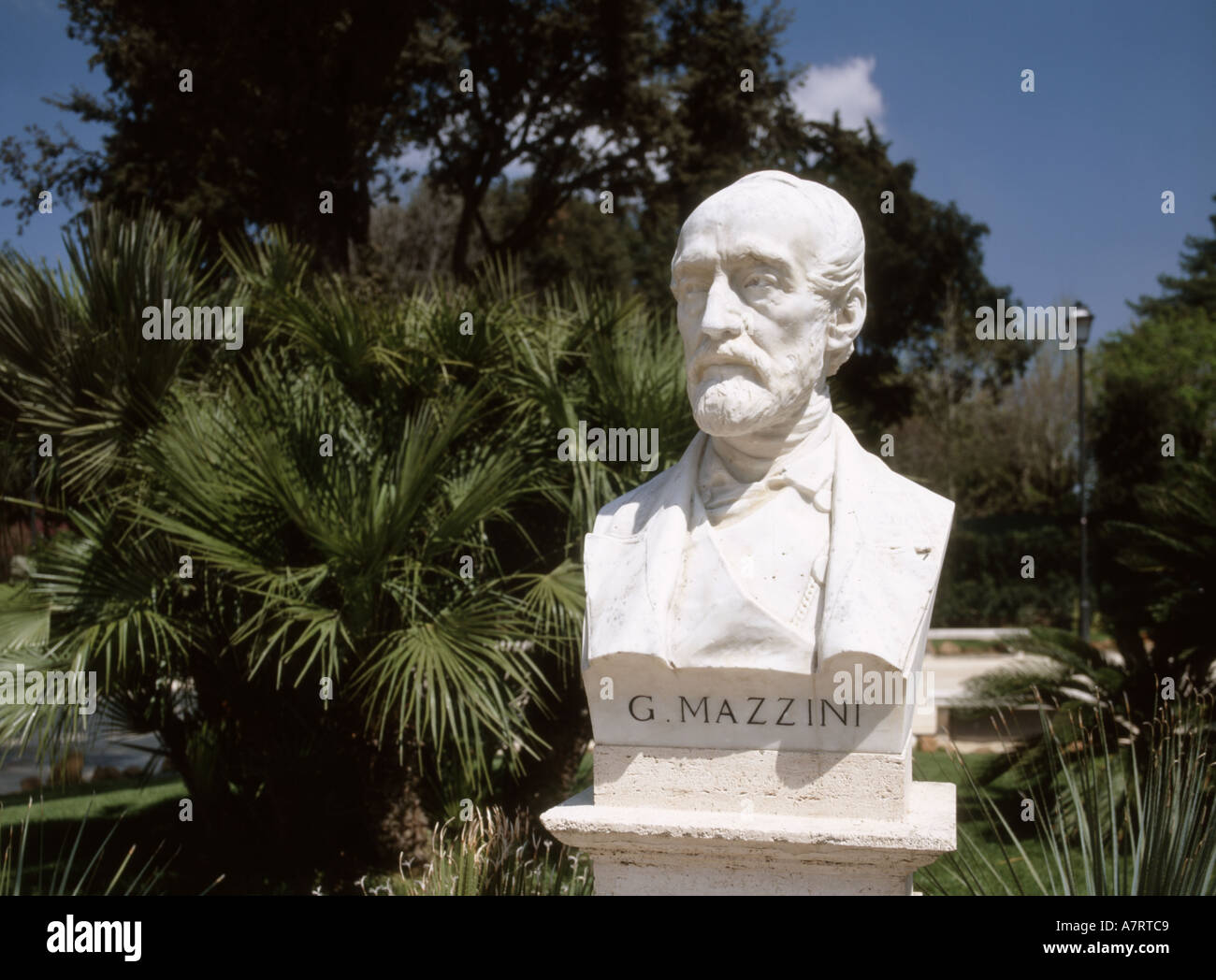 Rome, Lazio, Italy. Pincio Gardens. Marble bust: Giuseppe Mazzini (1805-1872) Italian politician, journalist, activist for the unification of Italy, Stock Photo