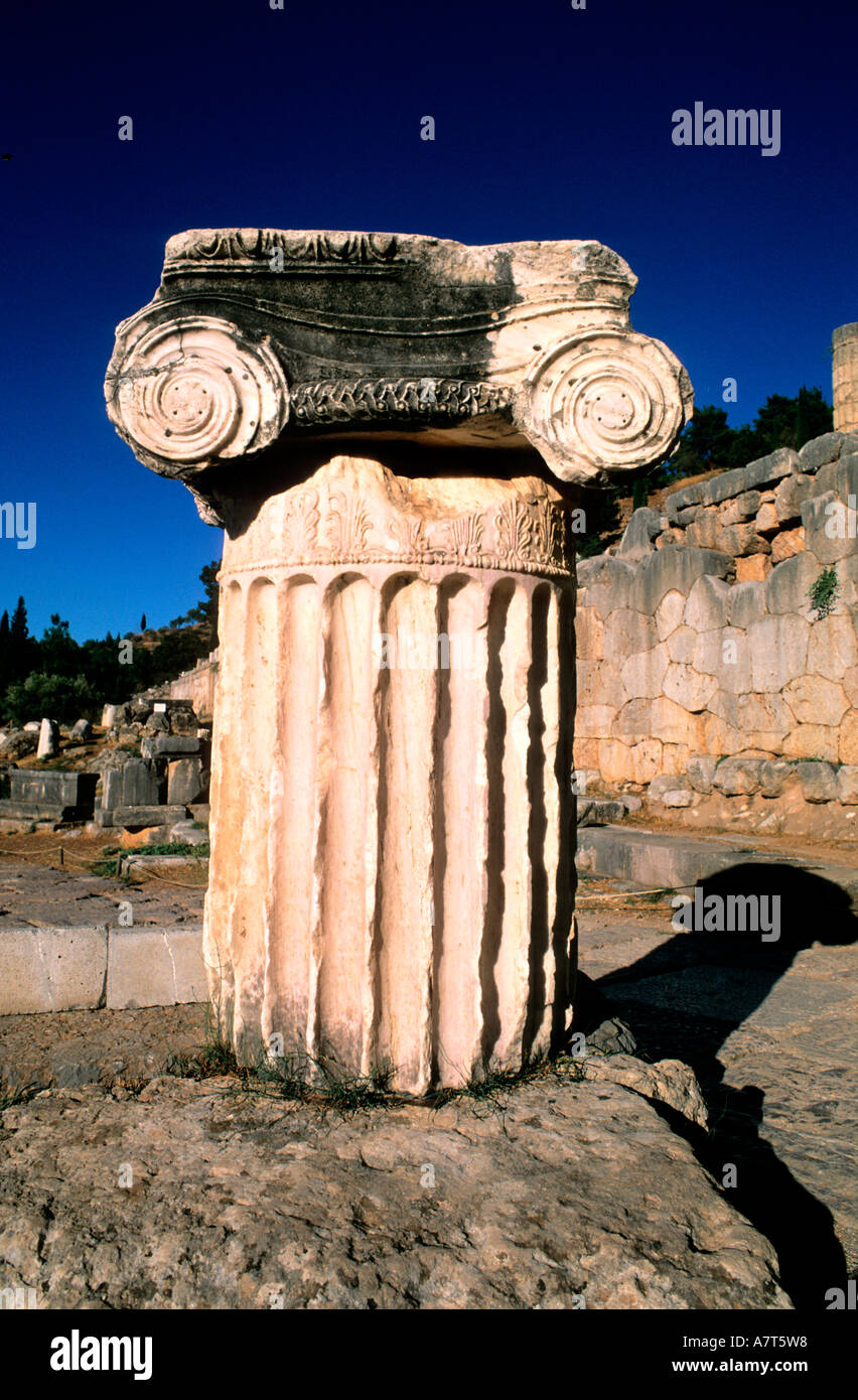 Greece, Delphi, ionic column fragment in the sanctuary of Apollo Stock Photo