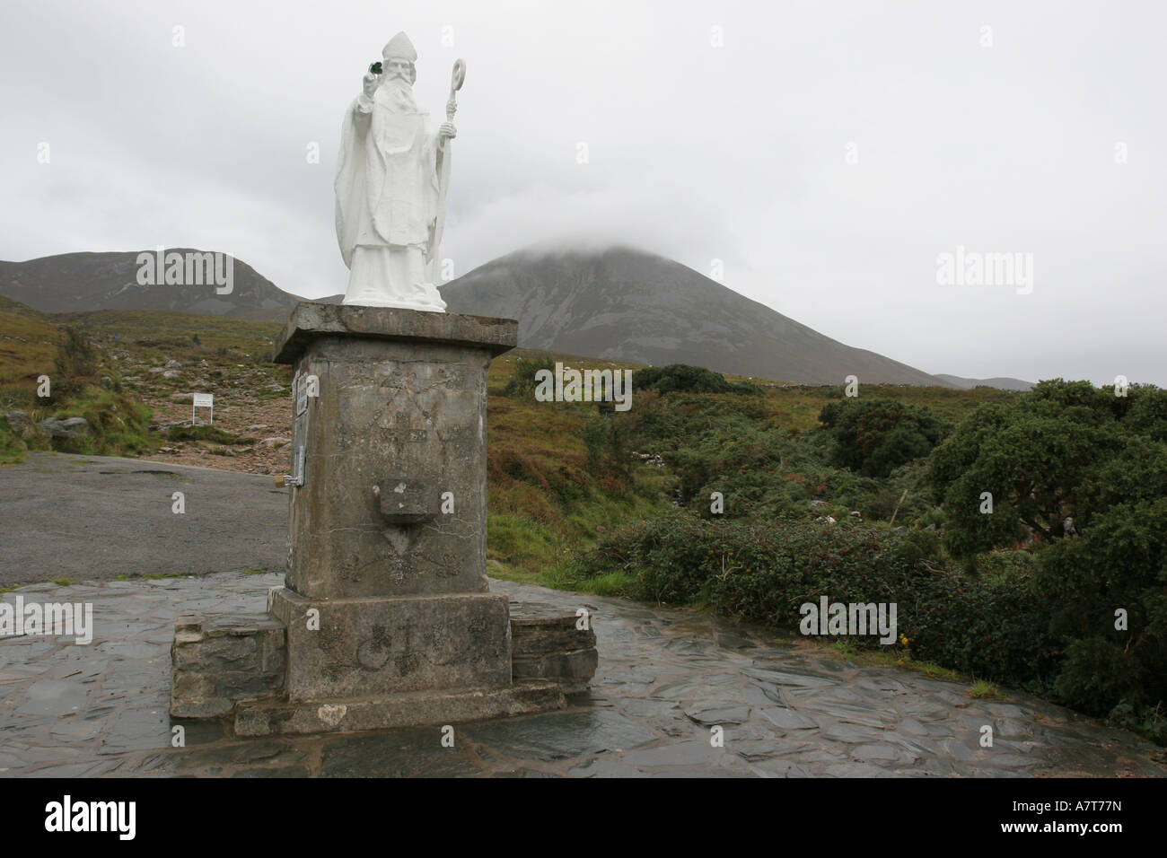 St. Patrick's statue on pedestal, Croagh Patrick, County Mayo, Republic of Ireland Stock Photo
