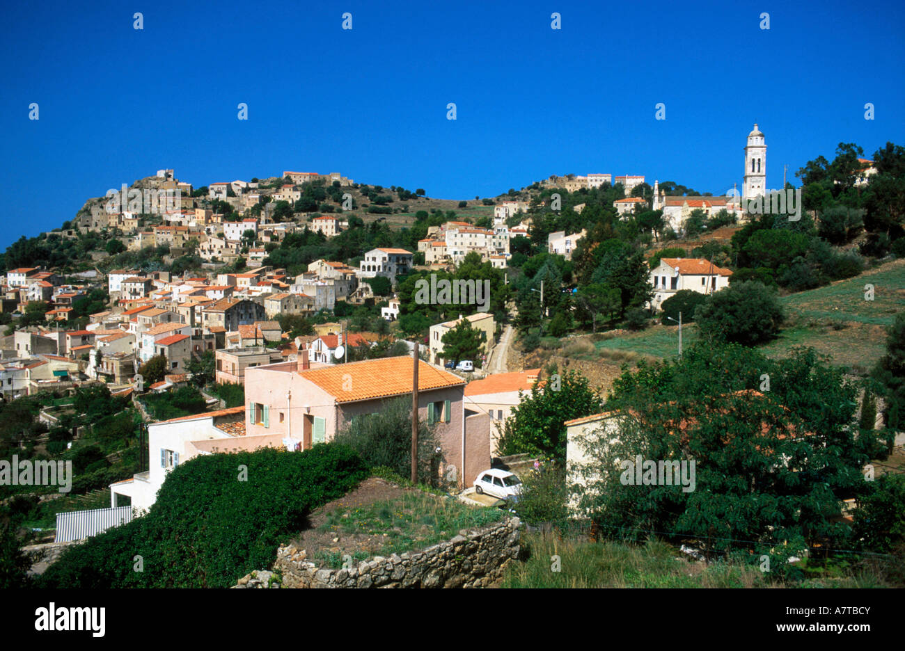 Houses on hill, Corbara, Balagne, Corsica, France Stock Photo - Alamy