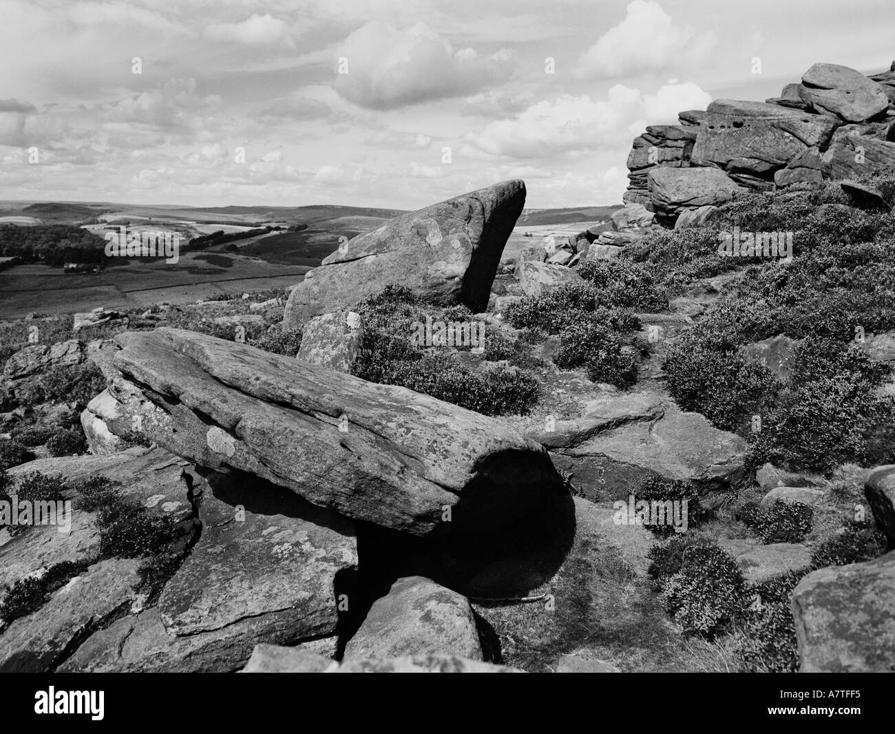 monochrome of the peak district in derbyshire overlooking sandstone rock formations near sheffield Stock Photo