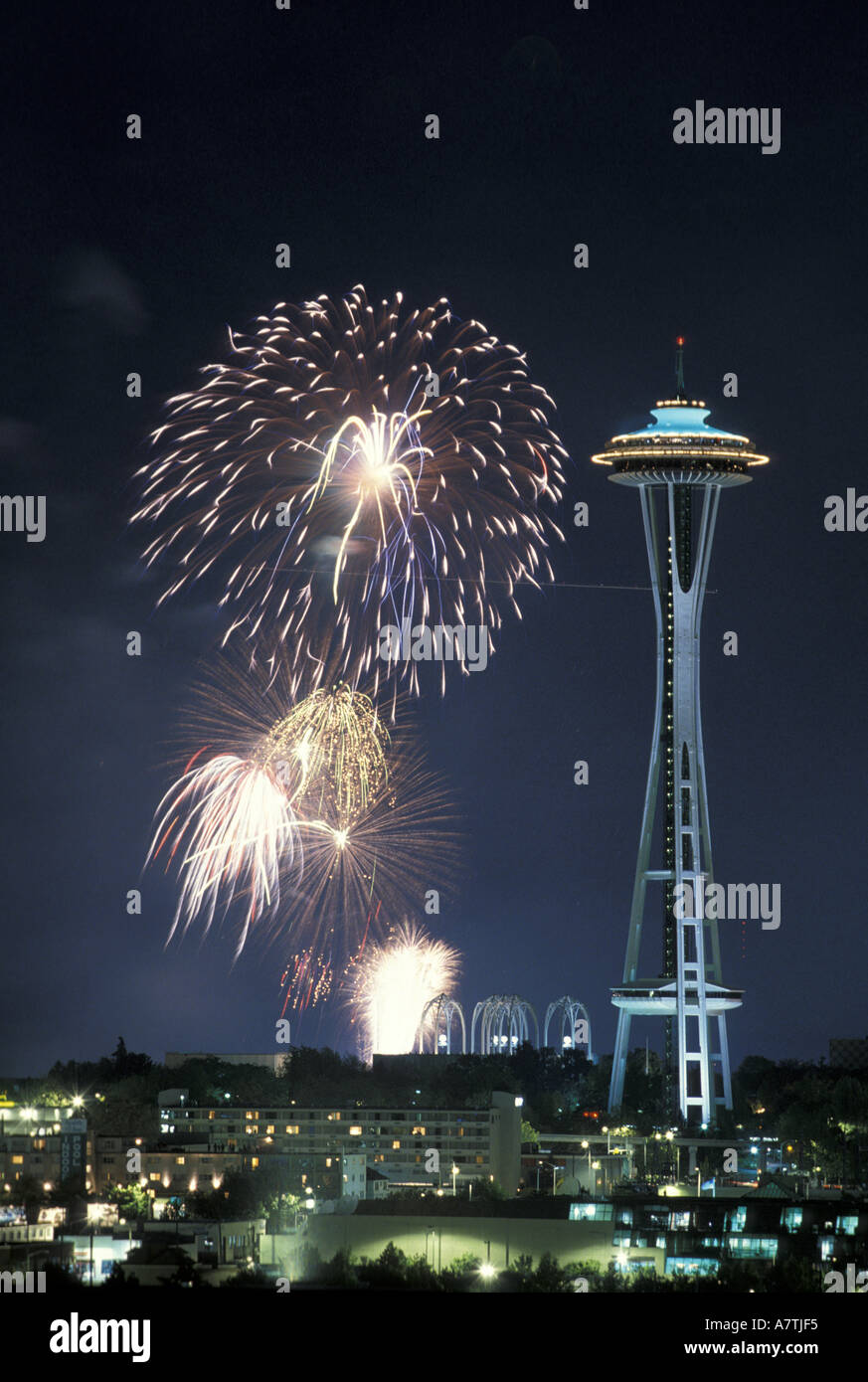 USA, Washington State, Seattle. Fireworks and Space Needle during Stock