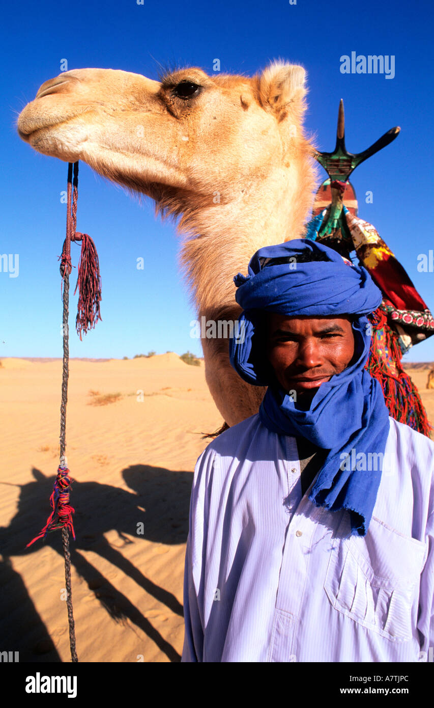 Libya, the Sahara, Tuareg camel rider in Tassili of Maghidet Stock ...