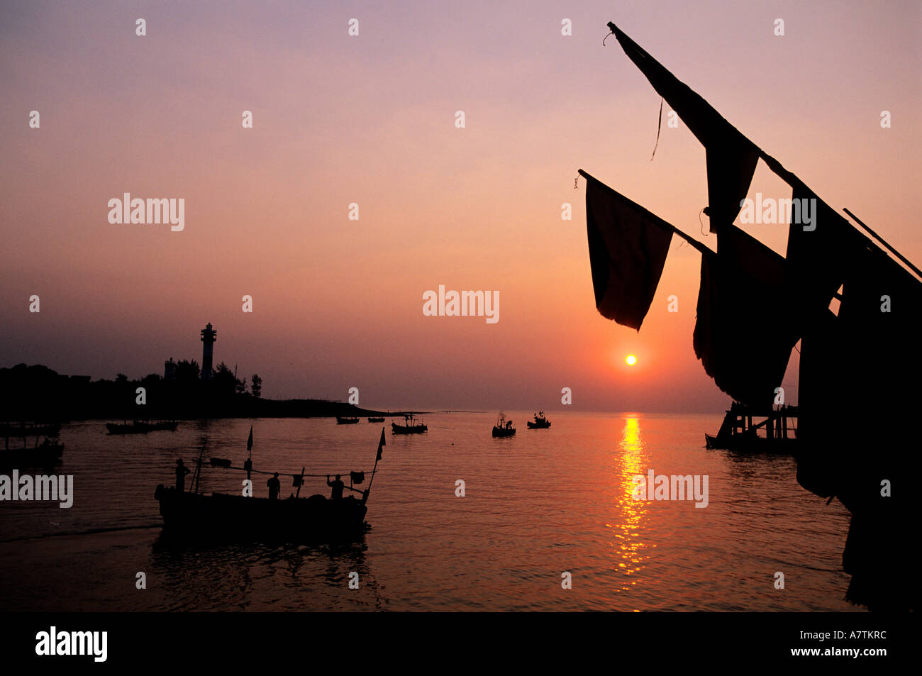 India, Union Territory of Daman and Diu, Nani Daman, sunset over the harbour Stock Photo