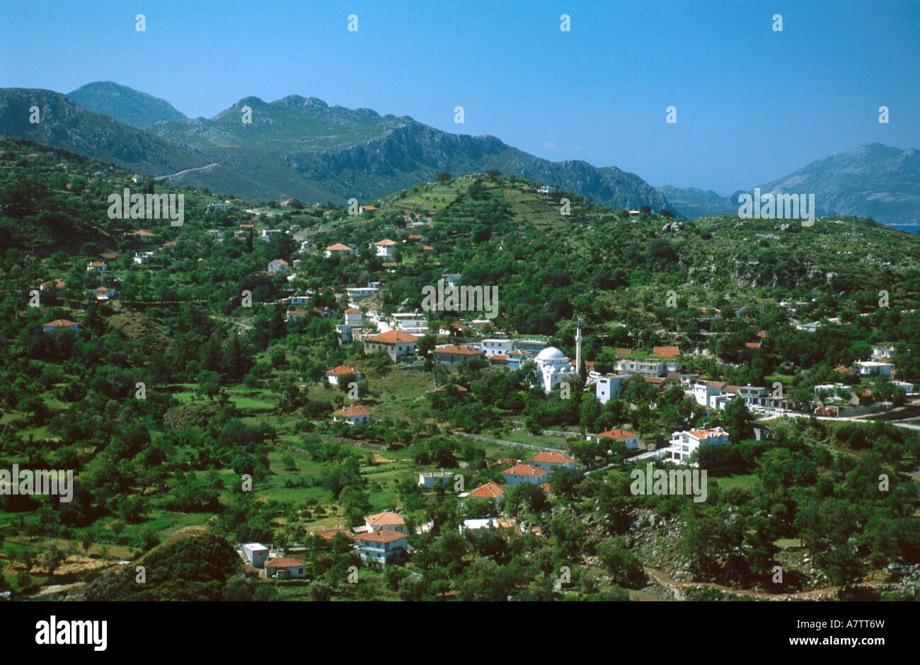 Aerial view of town, Anatolia, Bozburun Peninsula, Turkey Stock Photo