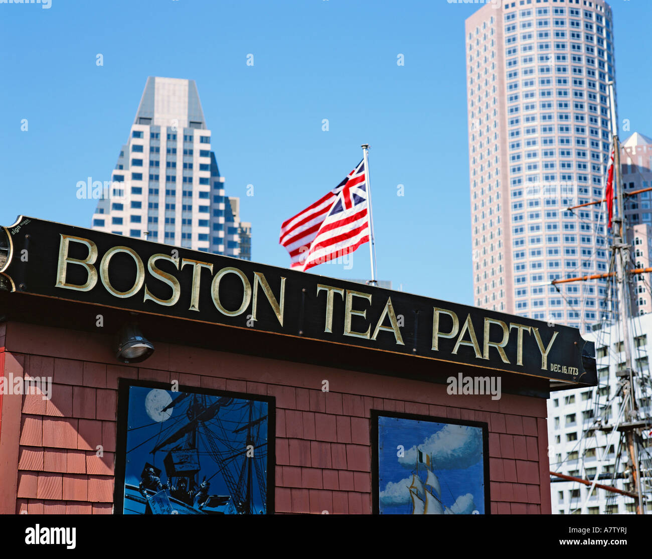 USA  MASSACHUSETTS  BOSTON  TEA PARTY SIGN AND FLAG Stock Photo