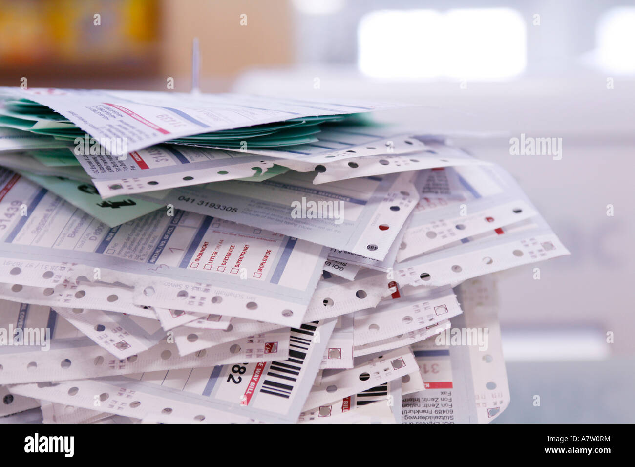 Close-up of stacked receipts Stock Photo