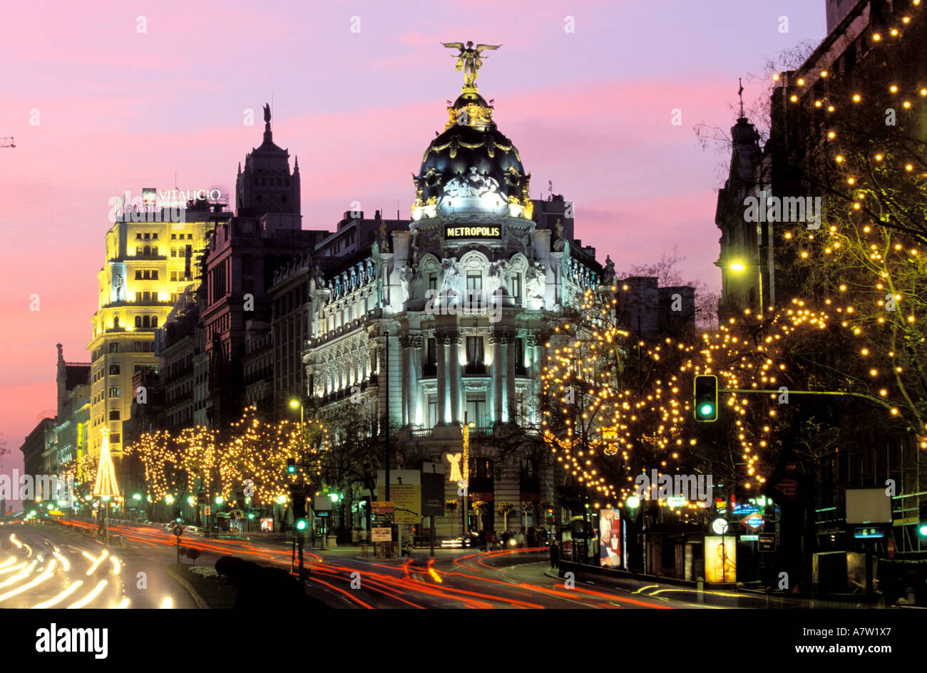 Spain, Madrid, building at the junction of Calle de Alcala and Gran Via streets Stock Photo