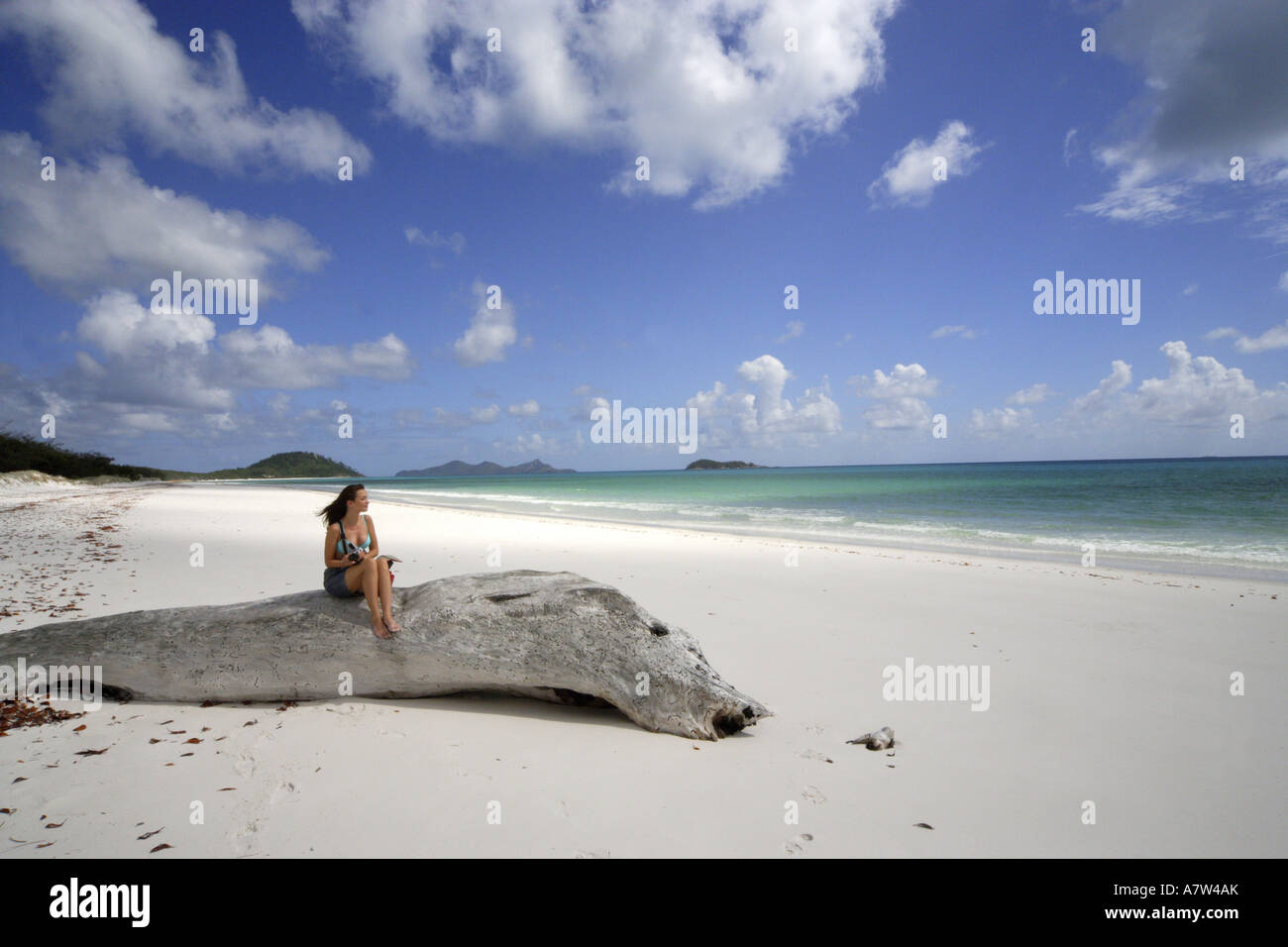 woman sitting on a trunk at  Whitehaven Beach, Australia Stock Photo