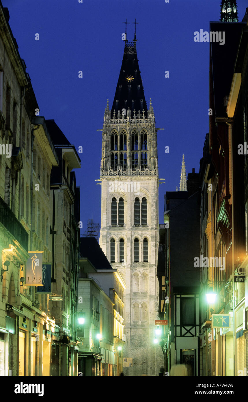 France, Seine Maritime, Rouen, cathedral tower and Gros Horloge street Stock Photo