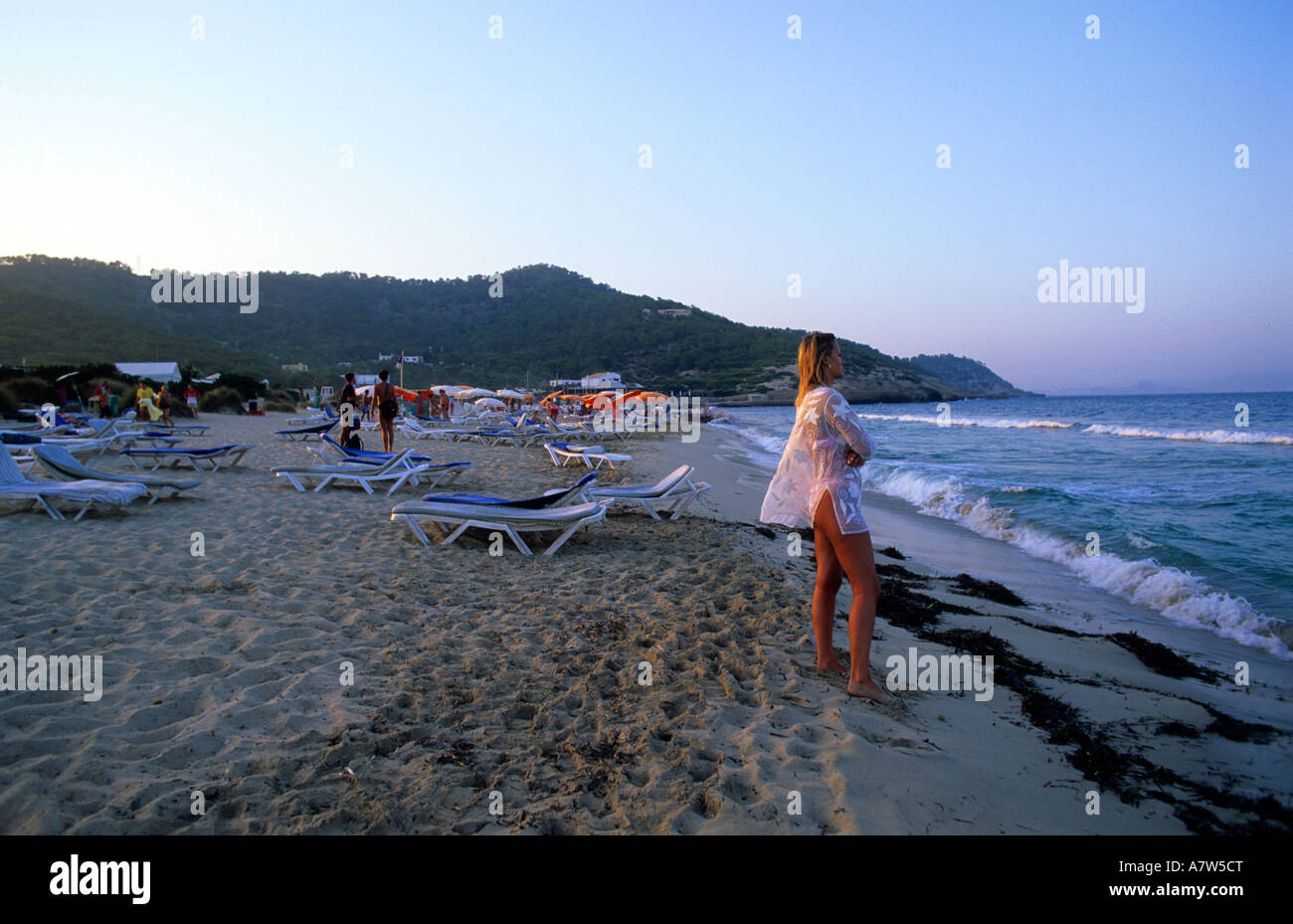 Woman Looking At The See Beach Of Es Cavallet Ibiza Balearic