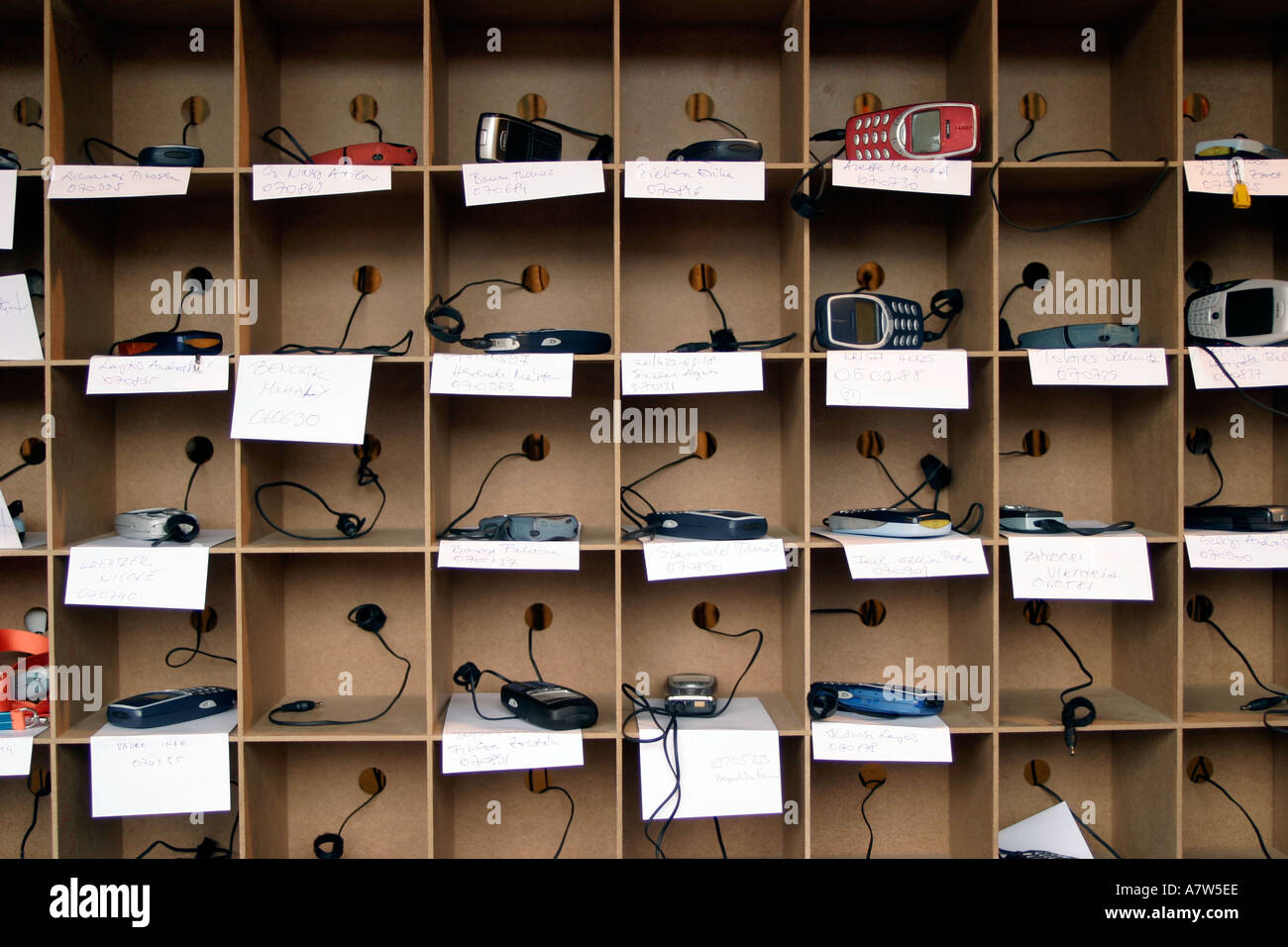 Mobilephones recharging facility at Sziget festival  Budapest Stock Photo
