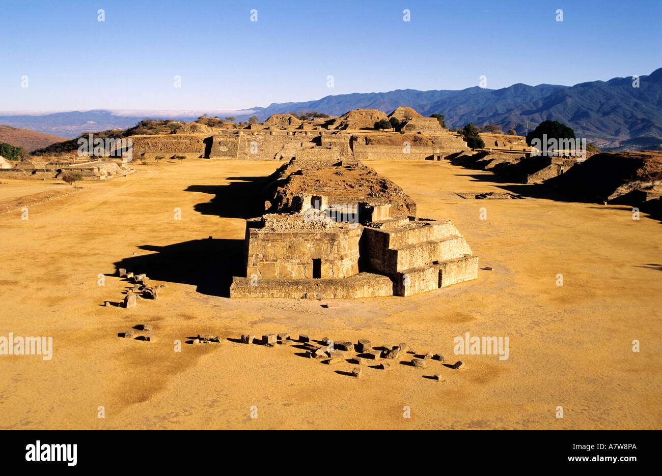 Mexico, Oaxaca State, the pre-Columbian site of Monte Alban, buildings of Olmecs, Zapotecs and Mixtecs Stock Photo