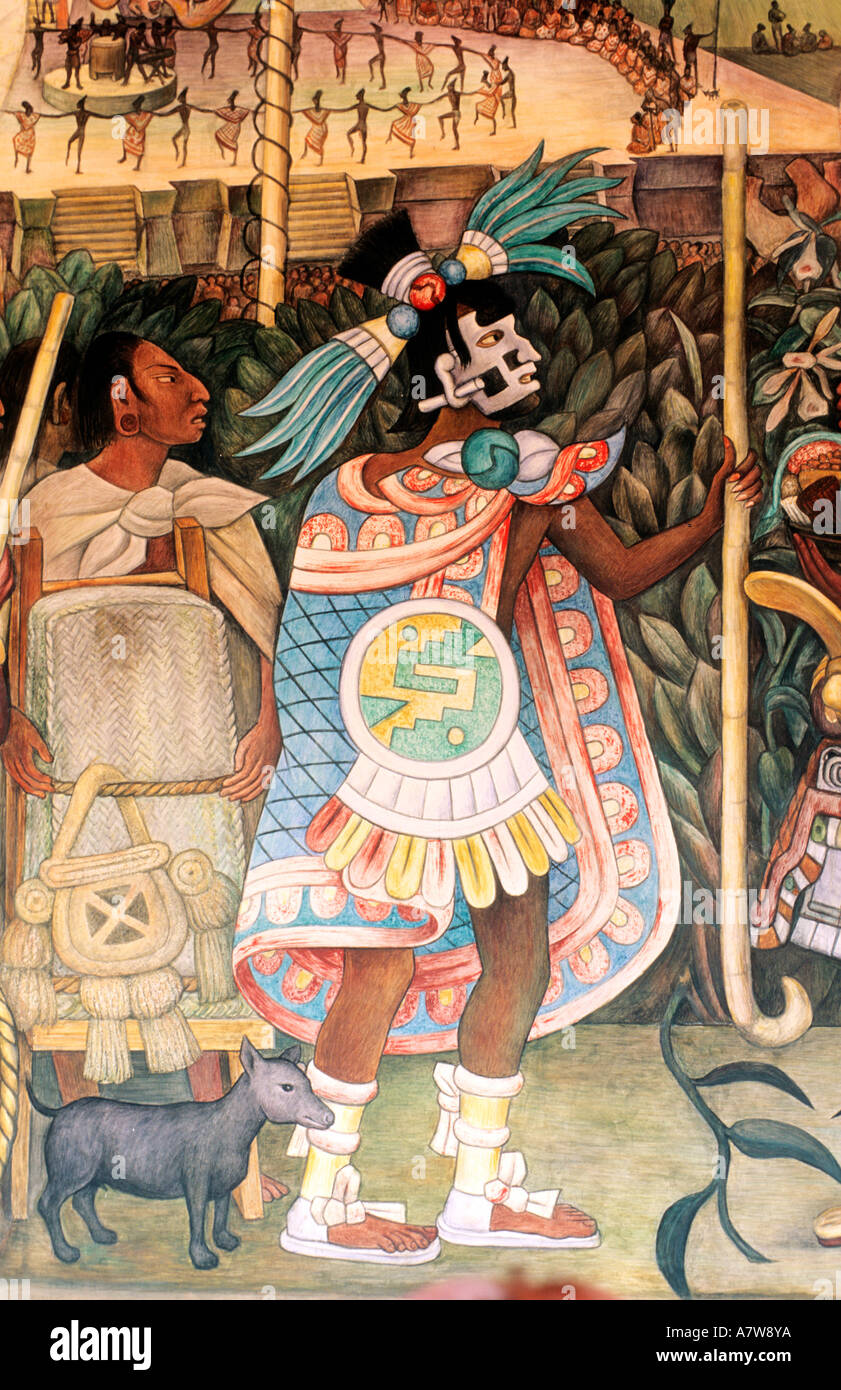 Mexico, Federal District, Mexico City, fresco of an Aztec warrior painted by Diego Rivera Stock Photo