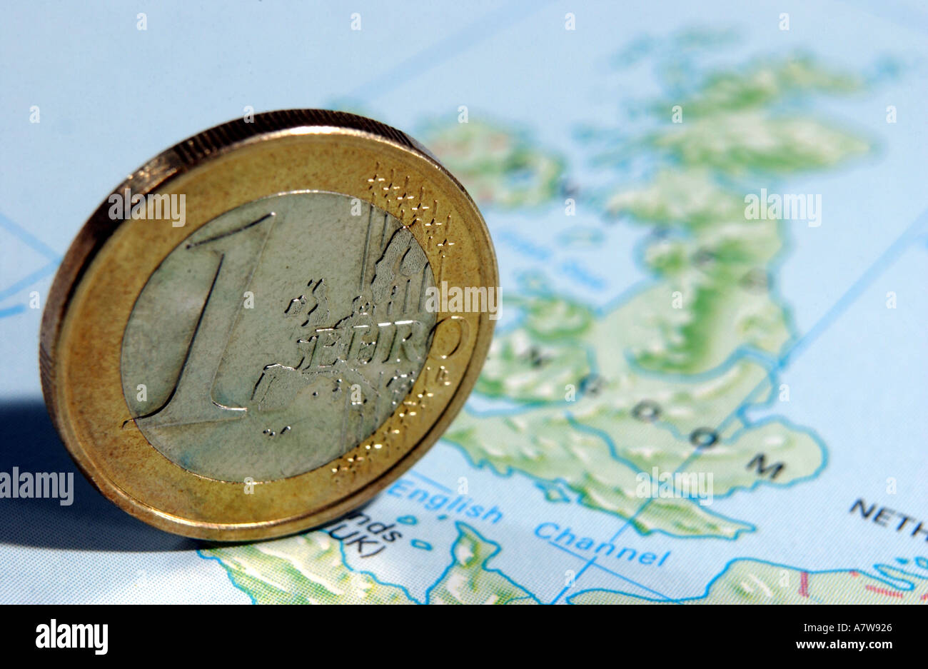 Euro Britain Europe coin currency on Great Britain Europe map Stock